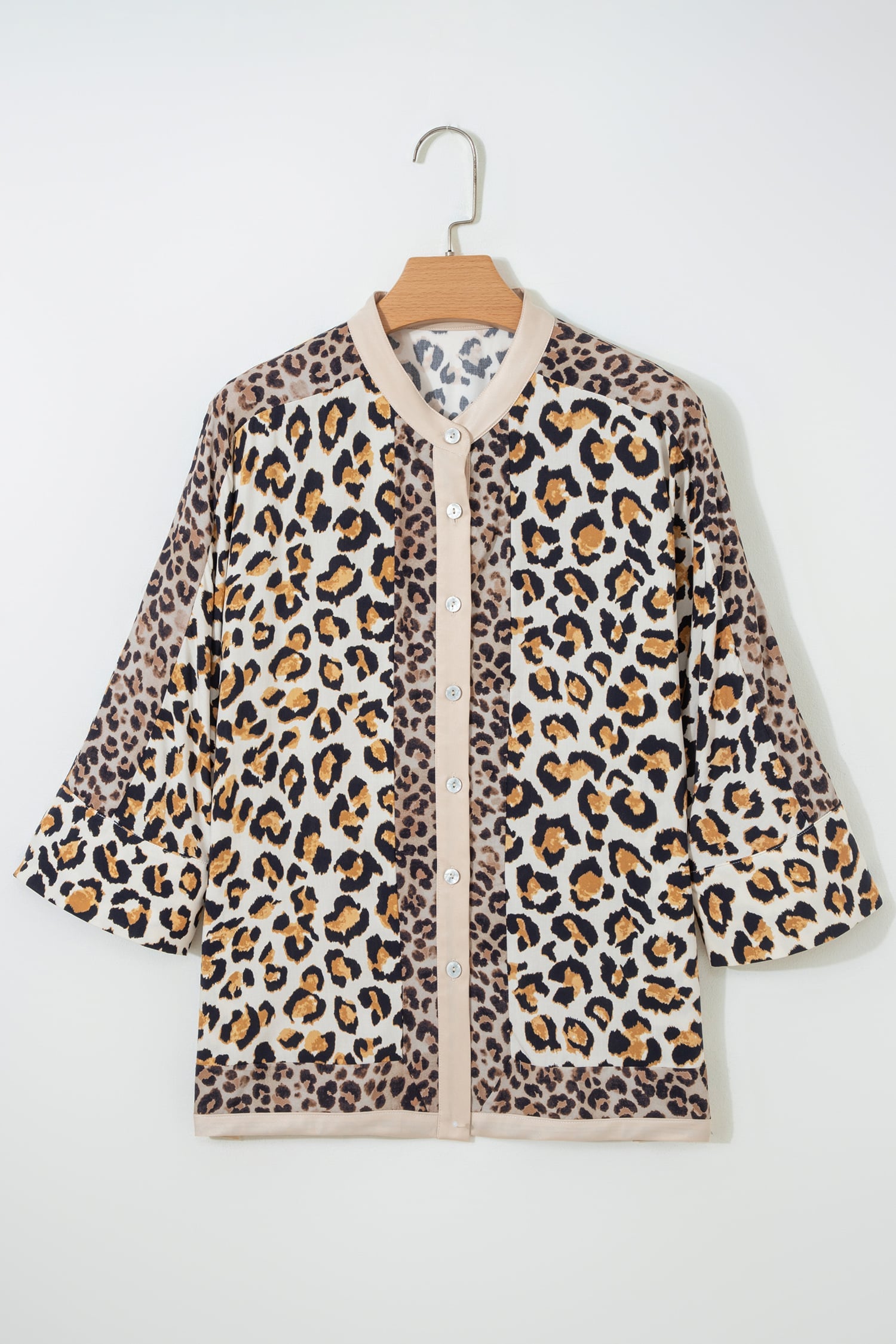 Khaki Mixed Leopard Patchwork 3/4 Sleeve Loose Shirt