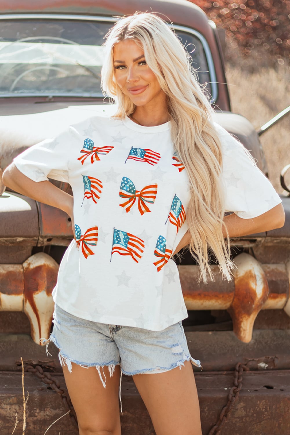 Khaki Patriotic Flag Bow Graphic Starry Round Neck T Shirt