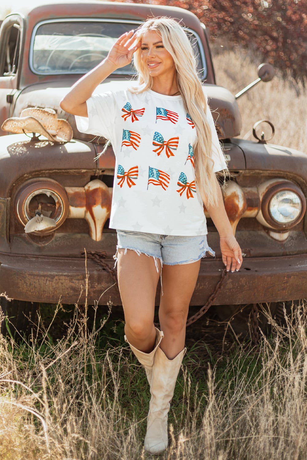 Khaki Patriotic Flag Bow Graphic Starry Round Neck T Shirt