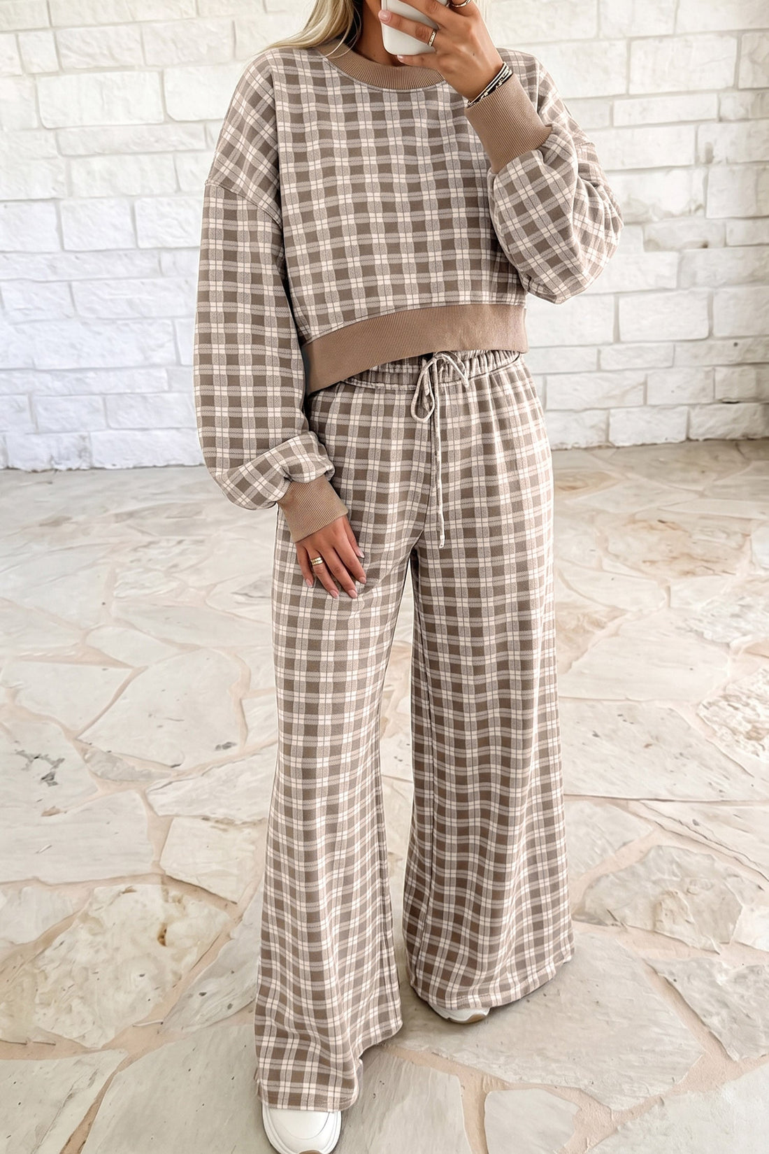 Khaki Plaid Long Sleeve Drop Shoulder Top Ribbed Color Block Trim Two Piece Pant Set