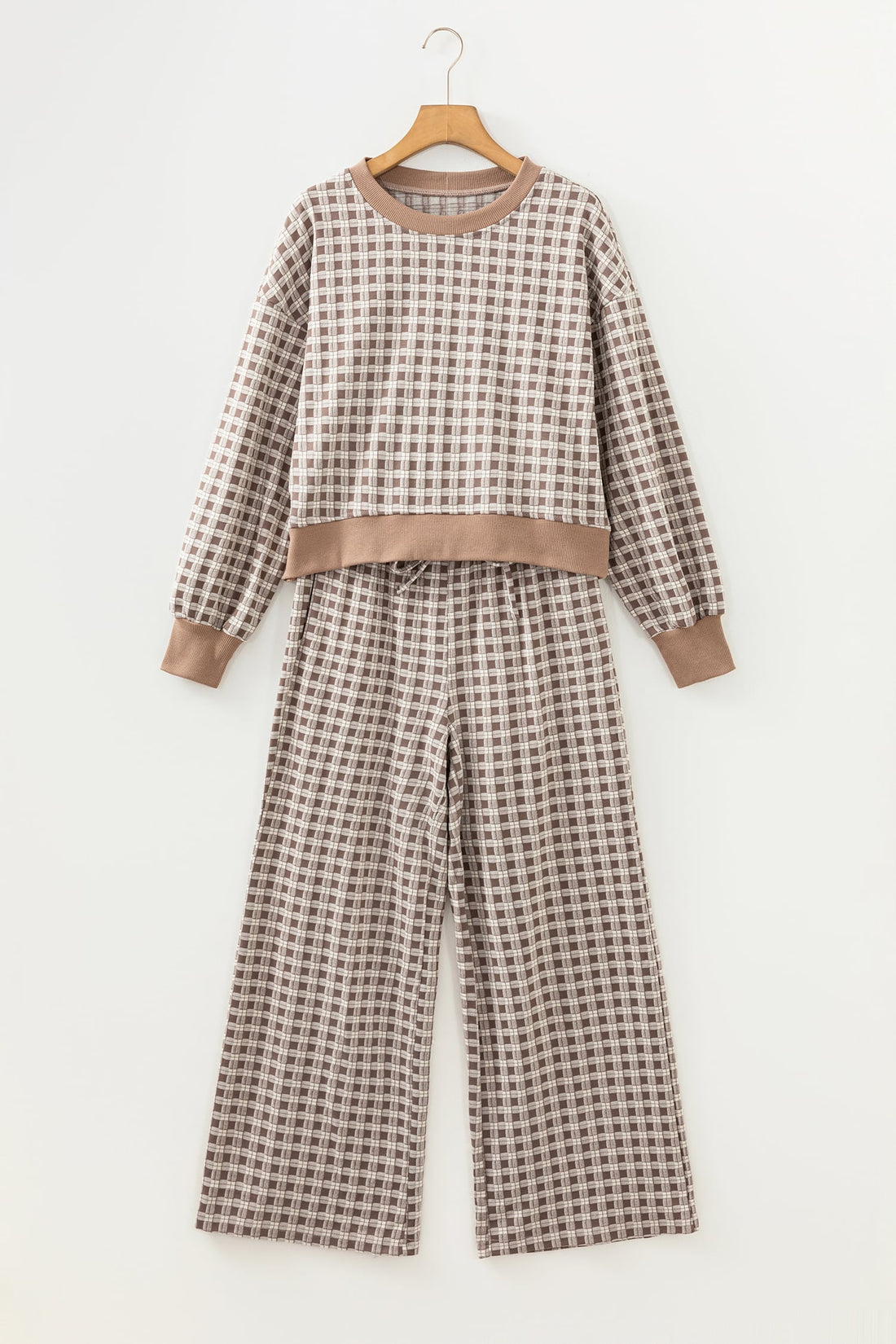 Khaki Plaid Long Sleeve Drop Shoulder Top Ribbed Color Block Trim Two Piece Pant Set