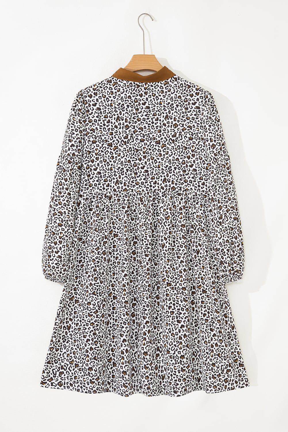 Khaki Plus Size Button V Neck Leopard Print Puff Sleeve Loose Mini Dress