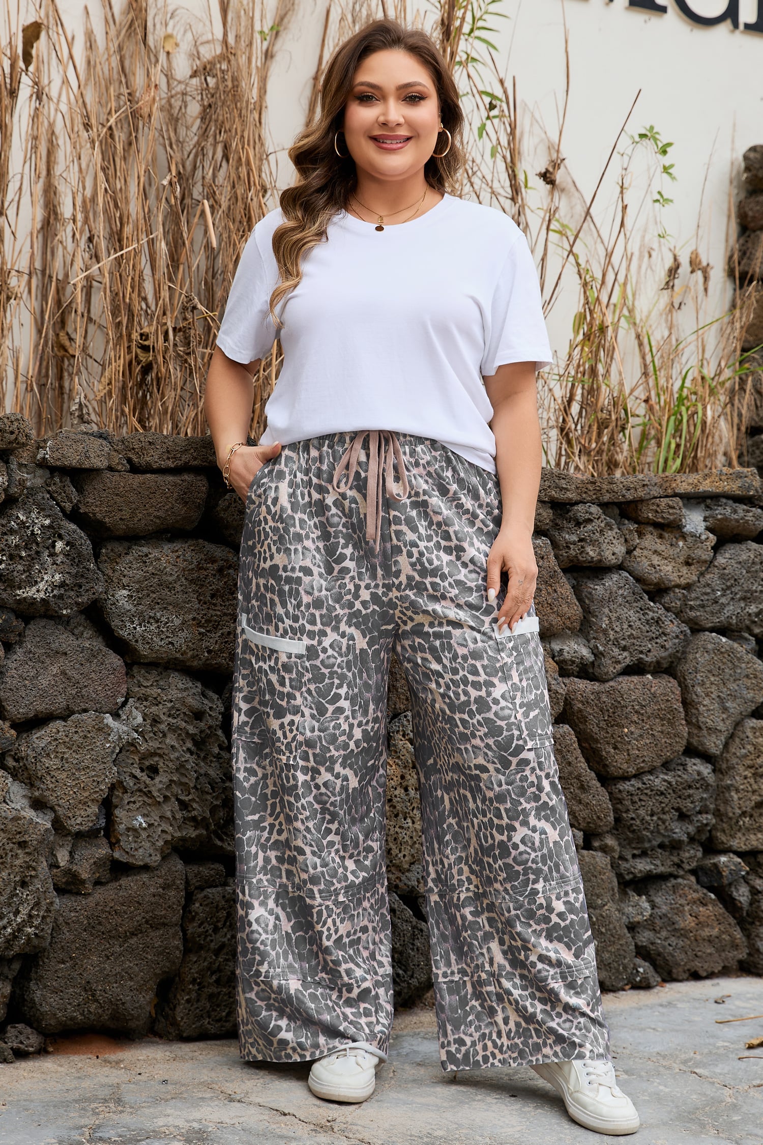 Khaki Plus Size Leopard Print Raw Edge Patch Pocket Drawstring Loose Pants