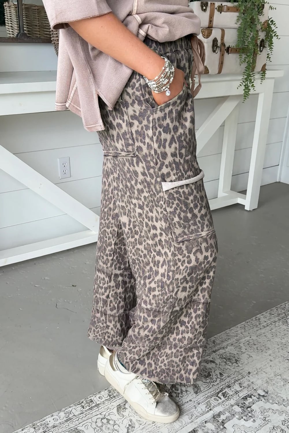 Khaki Plus Size Leopard Print Raw Edge Patch Pocket Drawstring Loose Pants
