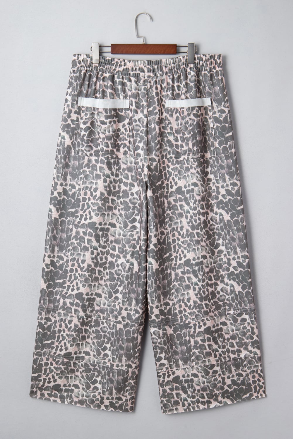 Khaki Plus Size Leopard Print Raw Edge Patch Pocket Drawstring Loose Pants