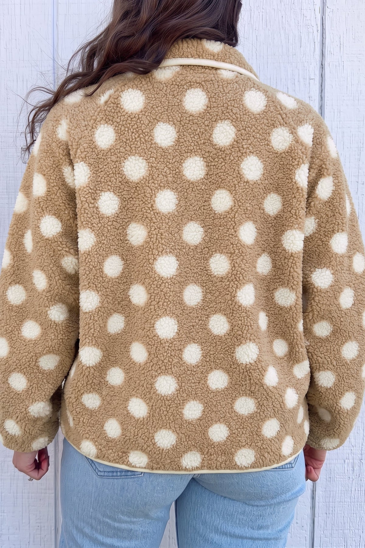 Khaki Polka Dot Faux Fur Metal Button Placket Shift Silhouette Jacket