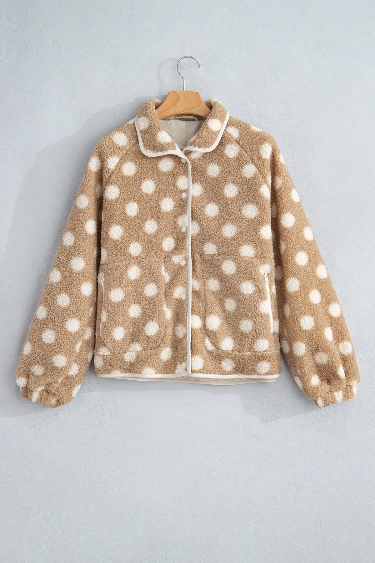 Khaki Polka Dot Faux Fur Metal Button Placket Shift Silhouette Jacket