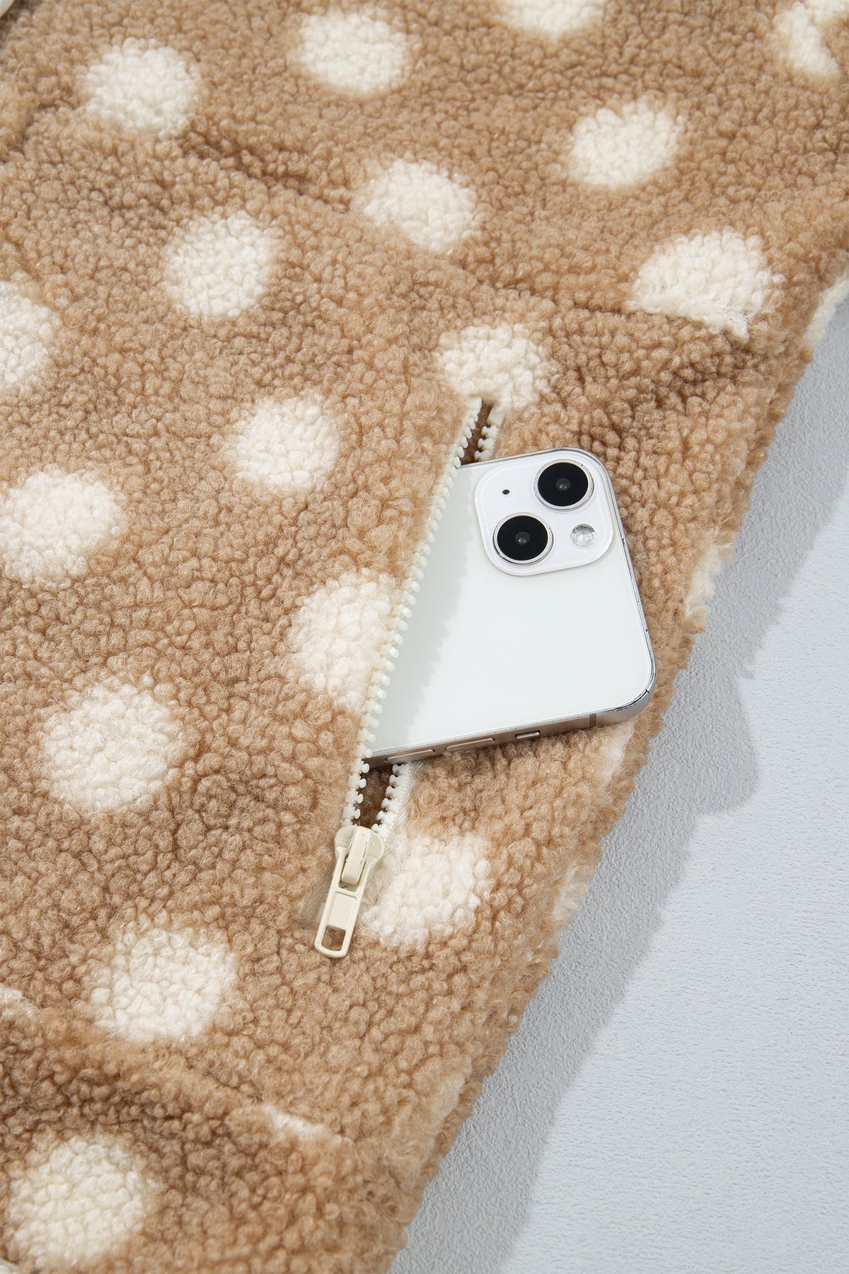 Khaki Polka Dot Faux Fur Metal Button Placket Shift Silhouette Jacket