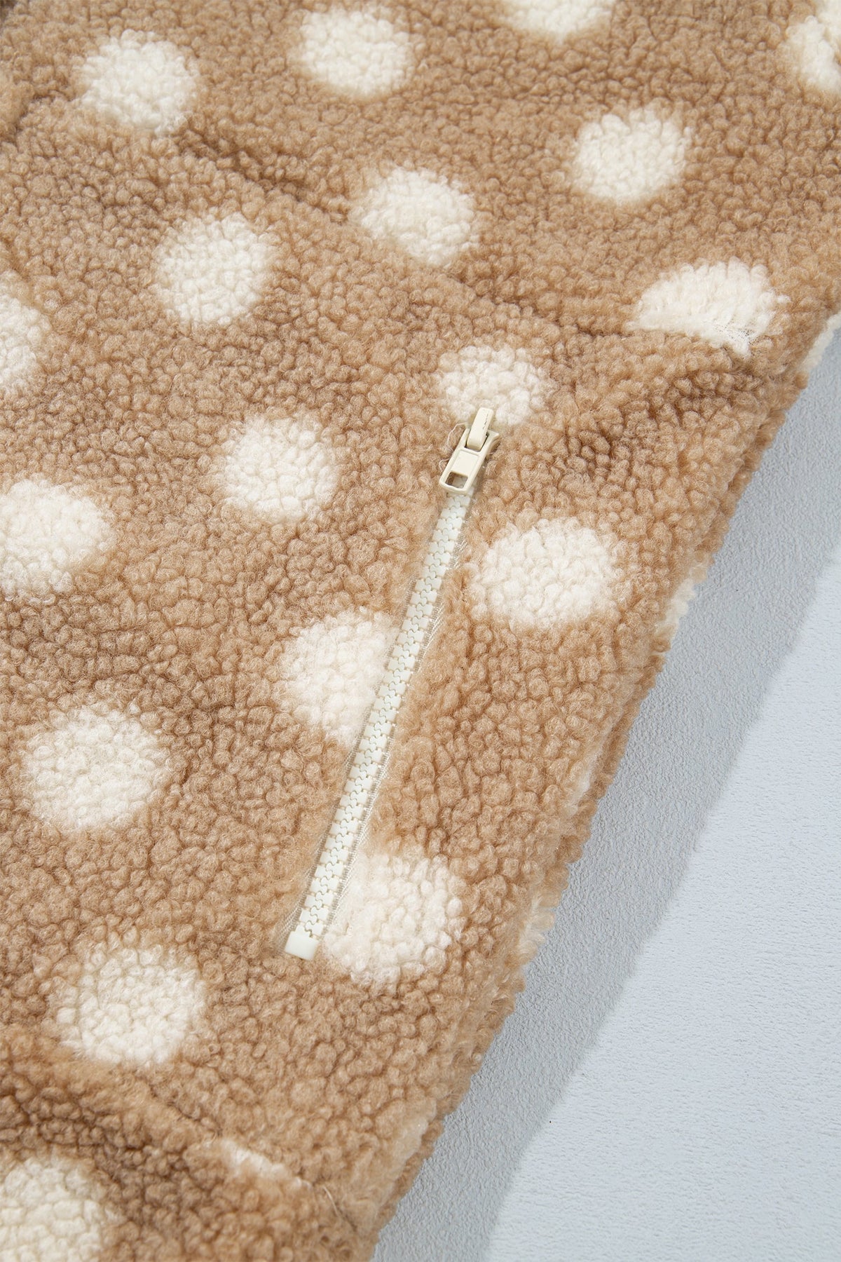Khaki Polka Dot Faux Fur Metal Button Placket Shift Silhouette Jacket