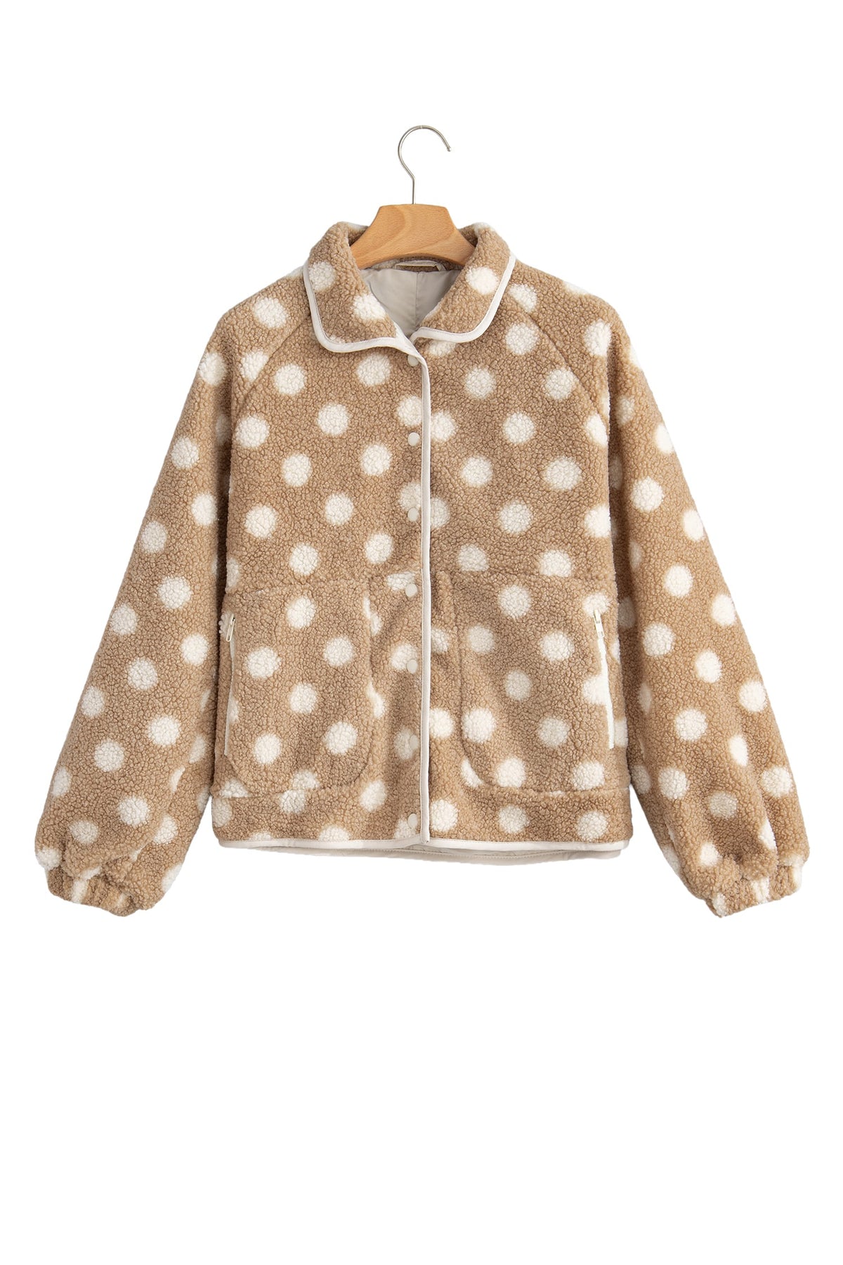 Khaki Polka Dot Faux Fur Metal Button Placket Shift Silhouette Jacket