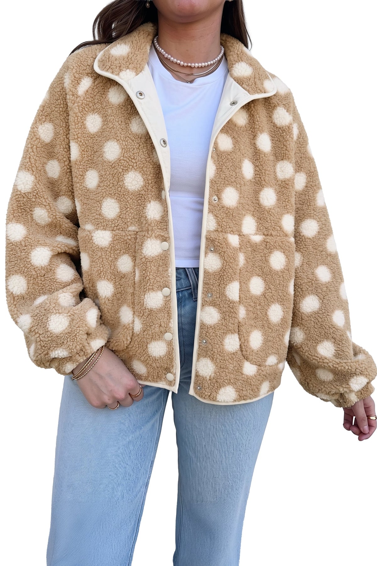 Khaki Polka Dot Faux Fur Metal Button Placket Shift Silhouette Jacket