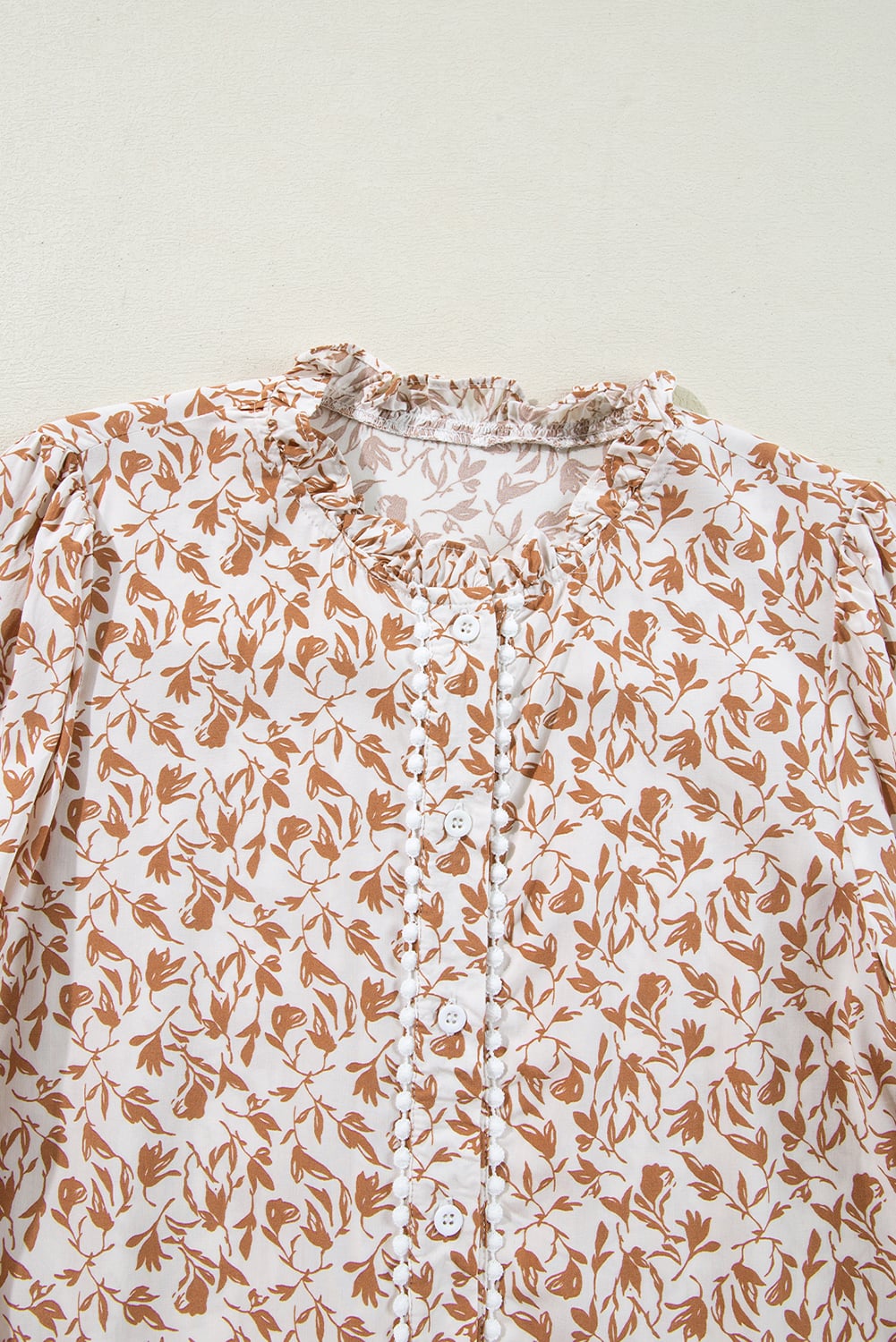 Khaki Printed Lace Detail Floral Puff Sleeve Fall Shirt