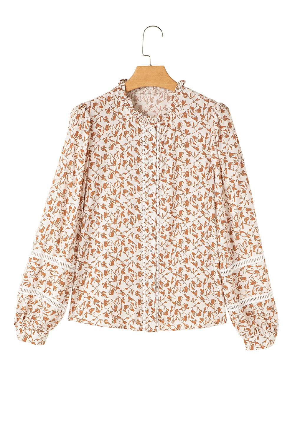 Khaki Printed Lace Detail Floral Puff Sleeve Fall Shirt