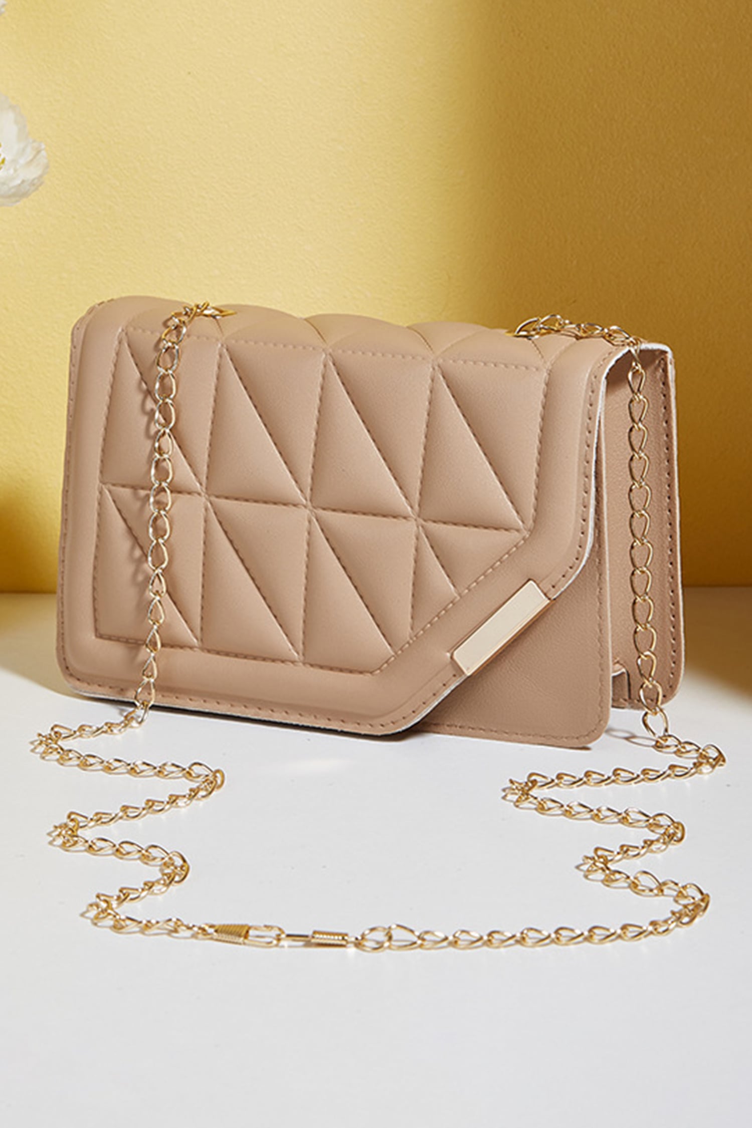 Khaki PU Leather Quilted Texture Asymmetric Cover Chain Strap Square Shoulder Bag