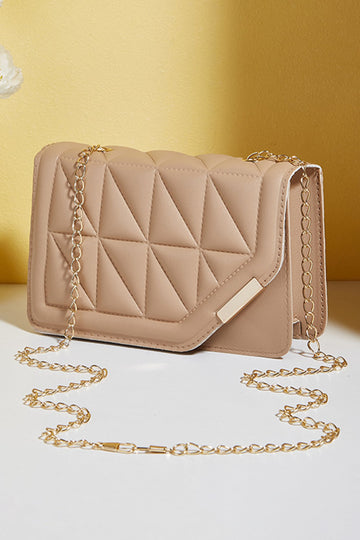 Khaki PU Leather Quilted Texture Asymmetric Cover Chain Strap Square Shoulder Bag
