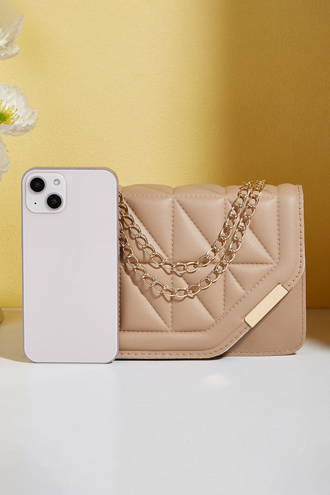 Khaki PU Leather Quilted Texture Asymmetric Cover Chain Strap Square Shoulder Bag