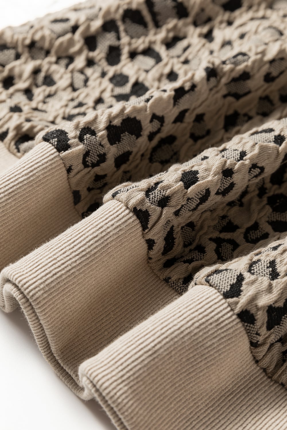 Khaki Ribbed Trim Leopard Print Long Sleeve Top