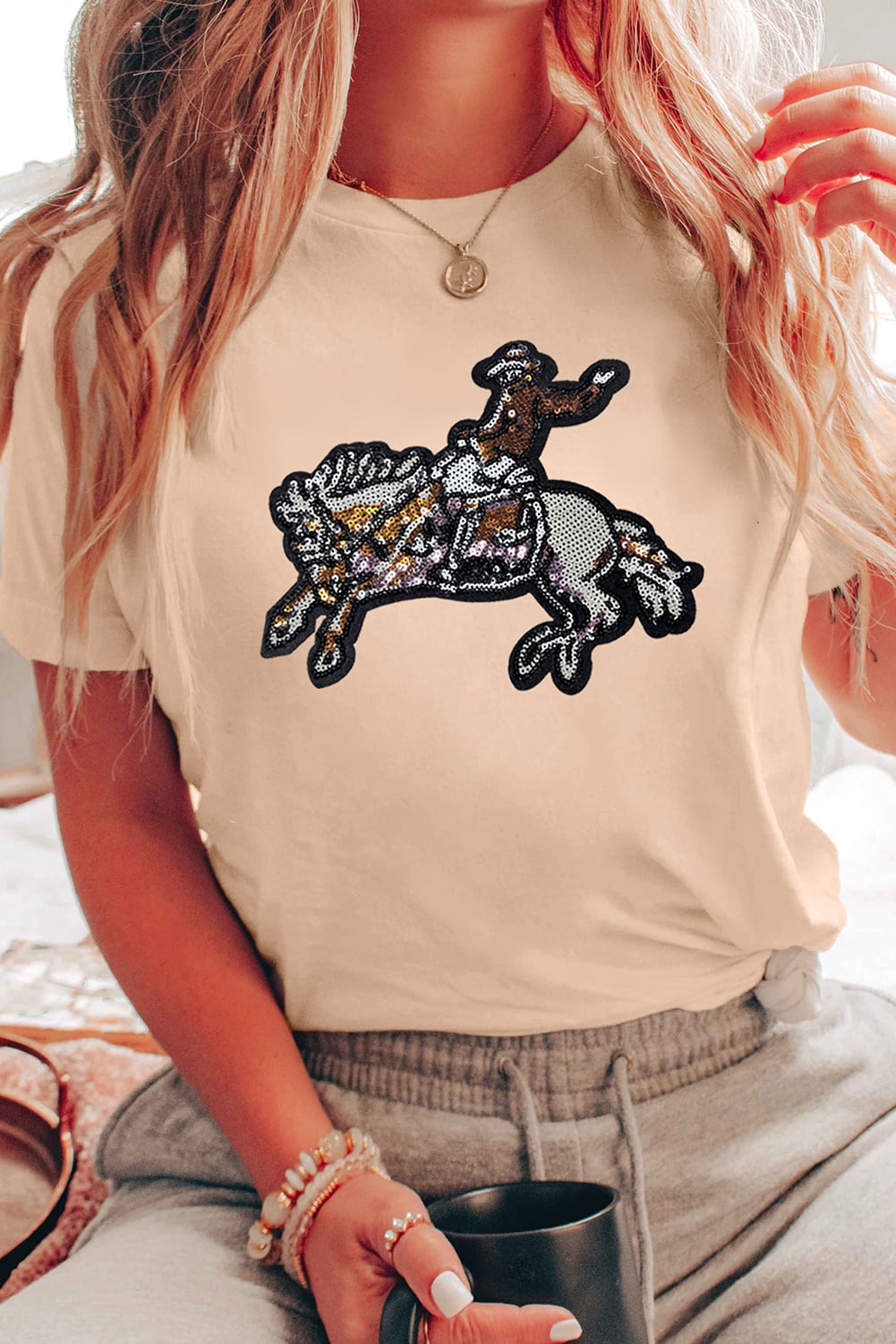 Khaki Sequin Rodeo Graphic Crewneck Tee