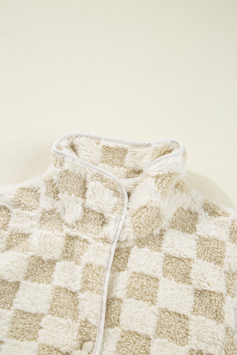 Khaki Sherpa Checkerboard Snap Button Vest Jacket With Pocket