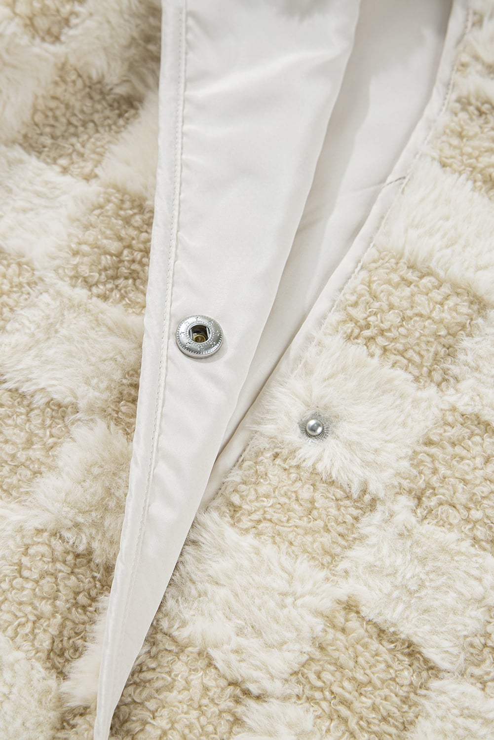 Khaki Sherpa Checkerboard Snap Button Vest Jacket With Pocket