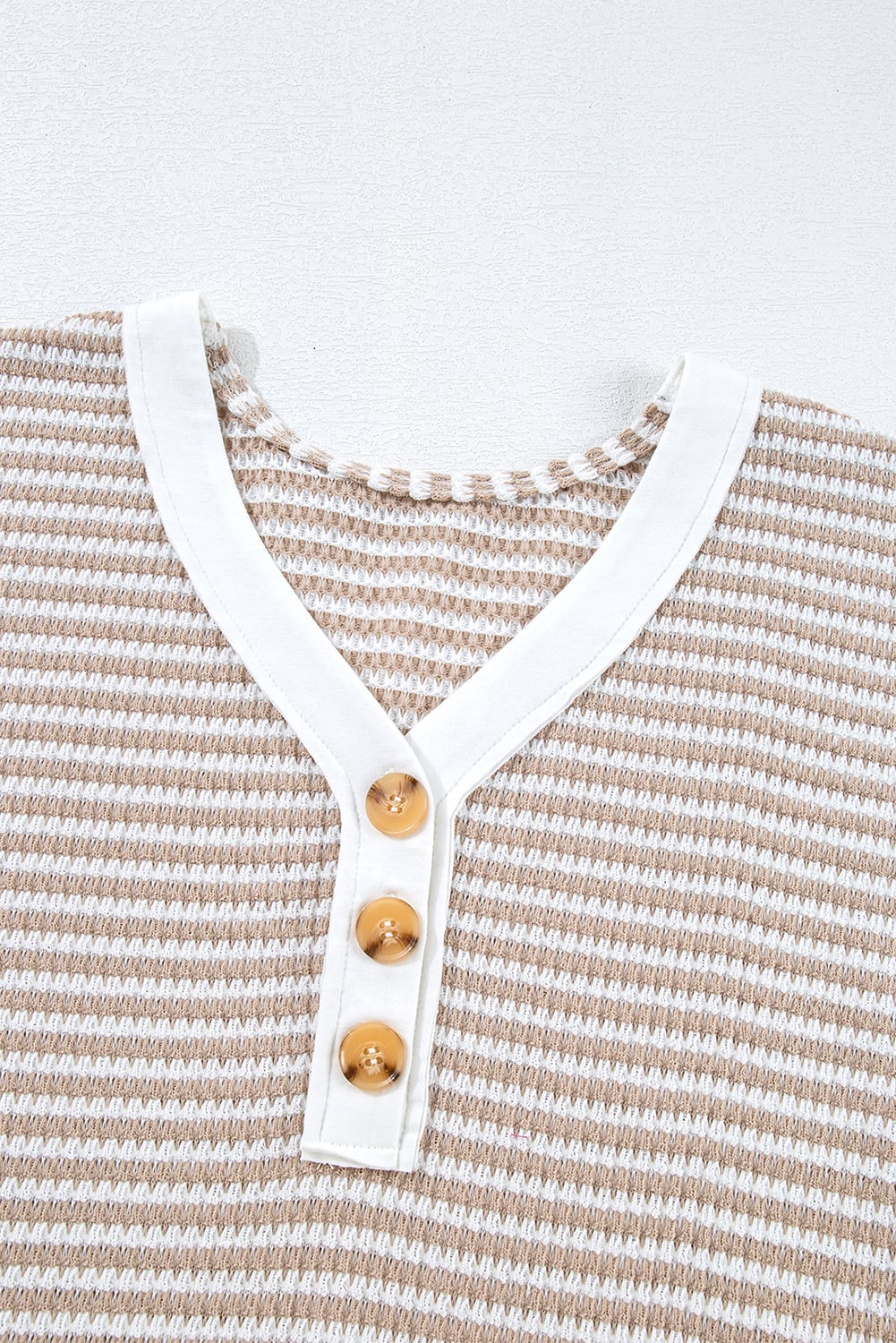 Khaki Stripe Buttoned Front V Neck Knitted T Shirt