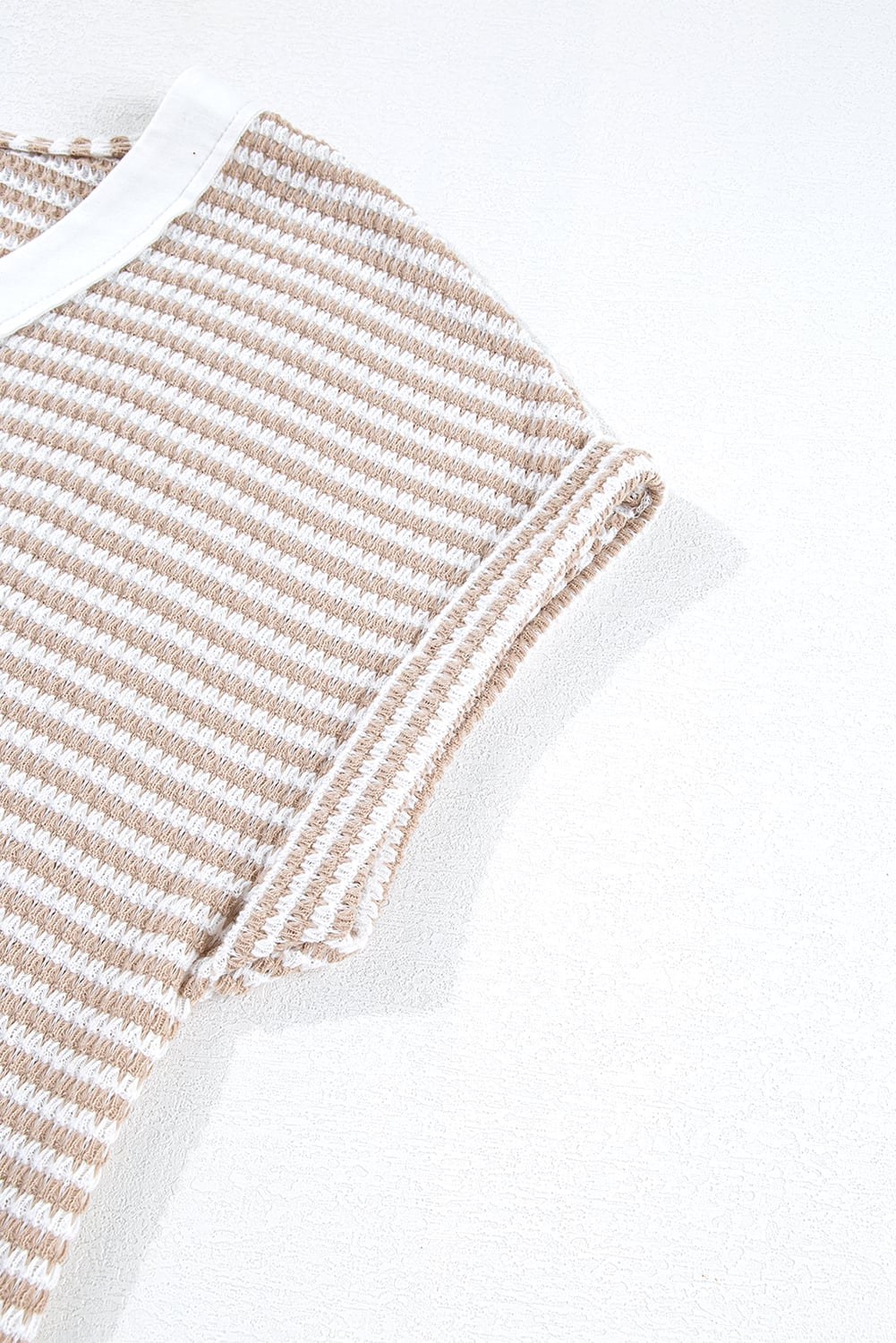Khaki Stripe Buttoned Front V Neck Knitted T Shirt