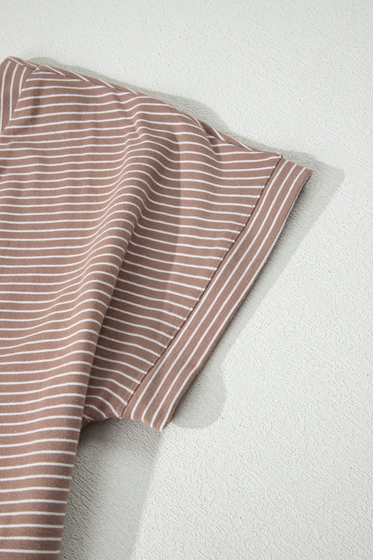 Khaki Stripe Buttoned V Neck High Low Side Slit T Shirt