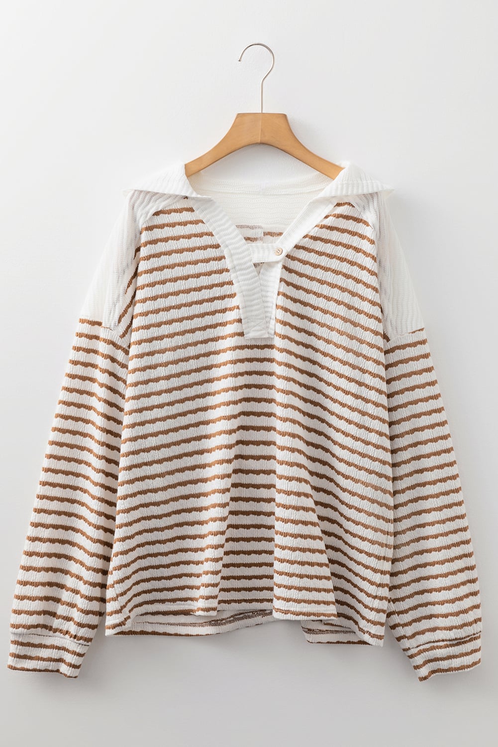 Khaki Stripe Buttoned V Neck Textured Hooded Plus Size Top