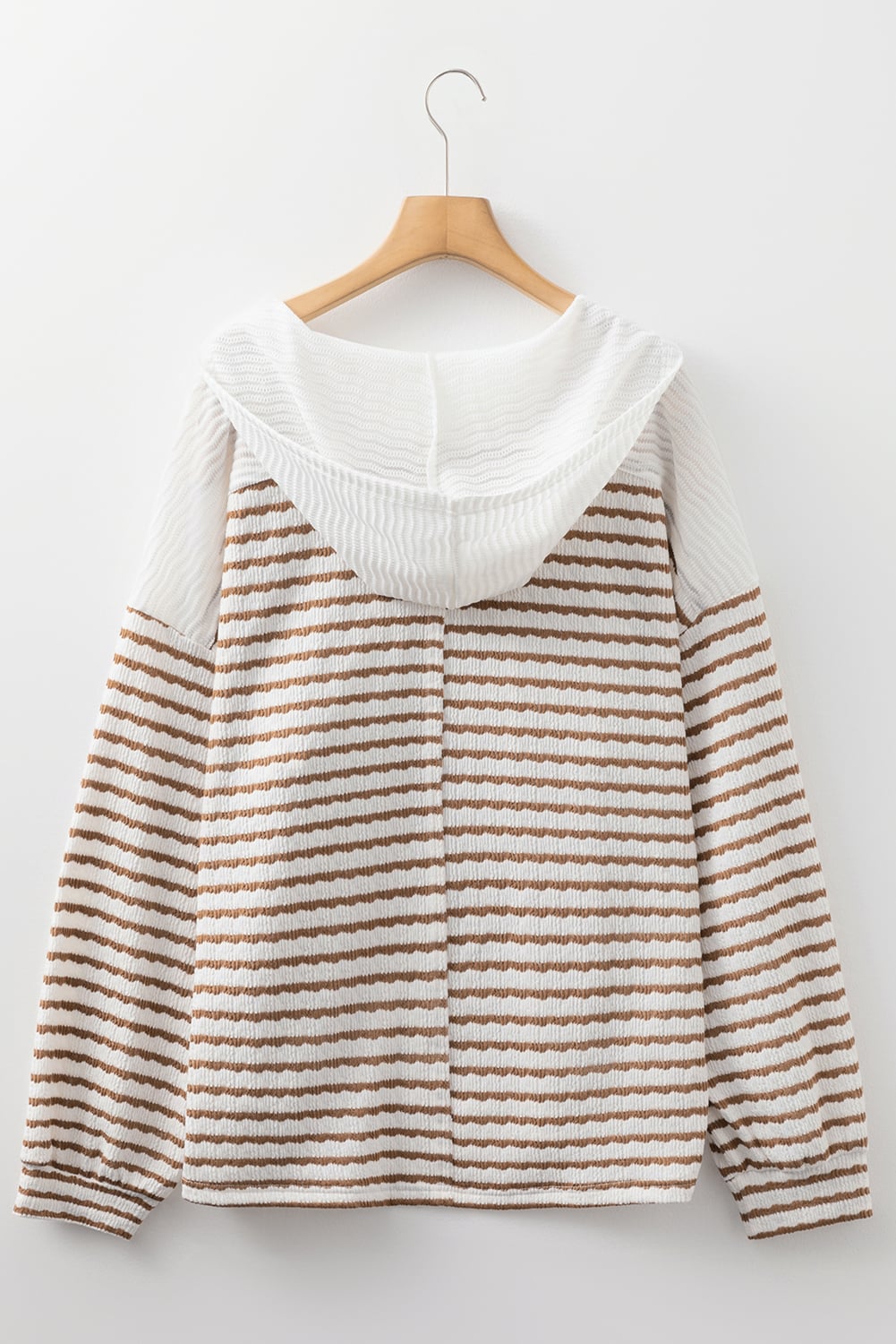 Khaki Stripe Buttoned V Neck Textured Hooded Plus Size Top