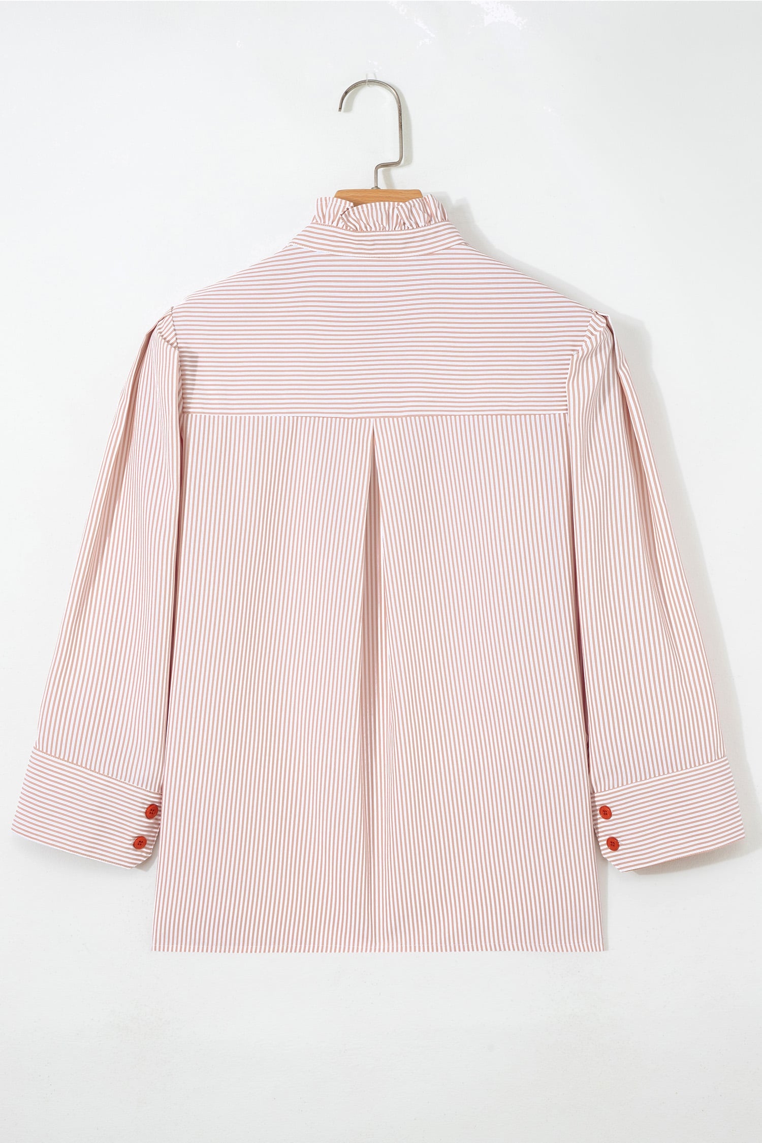 Khaki Stripe Color Block Patchwork Detail Frilled Collar Button Down Shirt