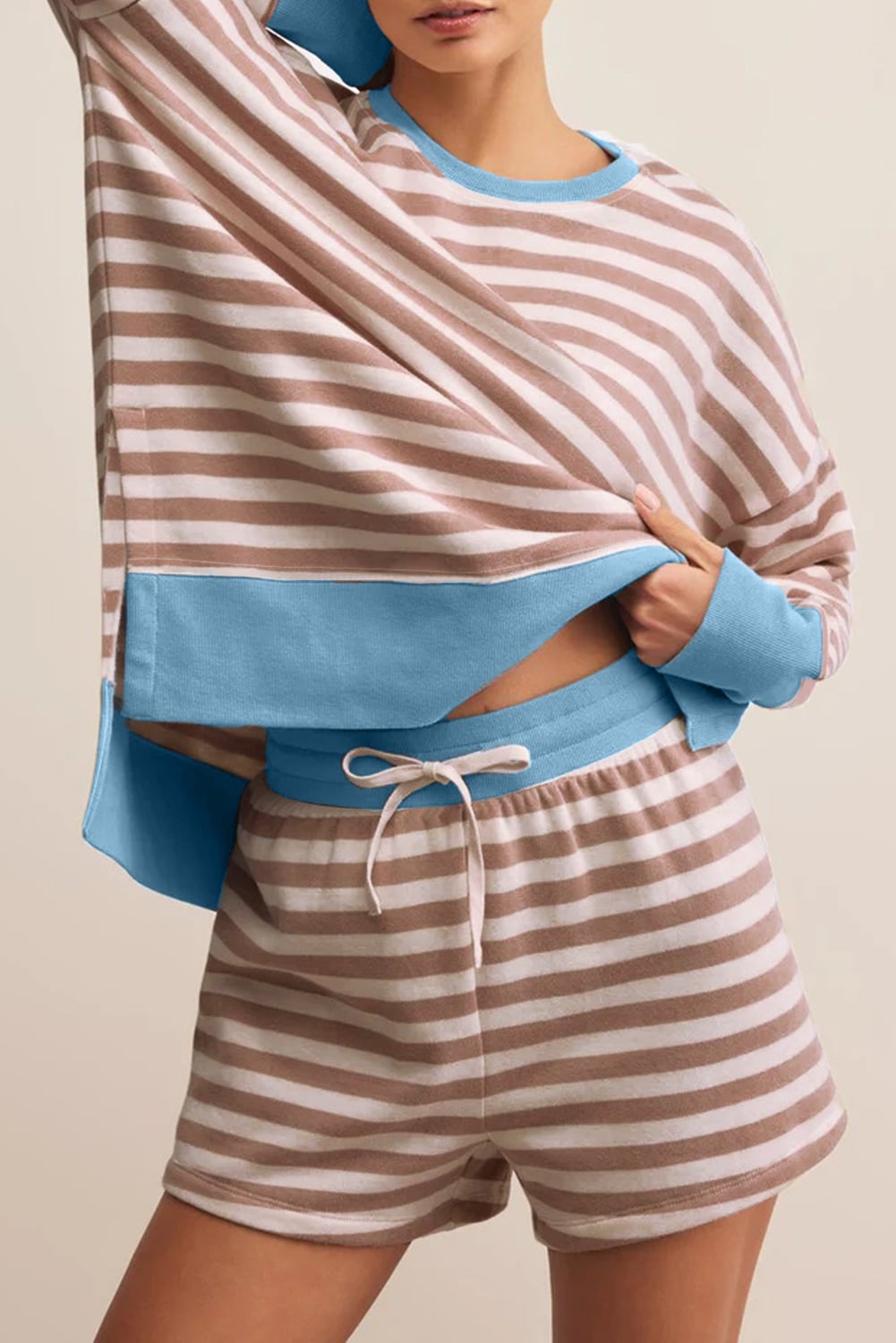 Khaki Stripe Contrast Edge Drop Shoulder Pullover and Shorts Plus Size Set
