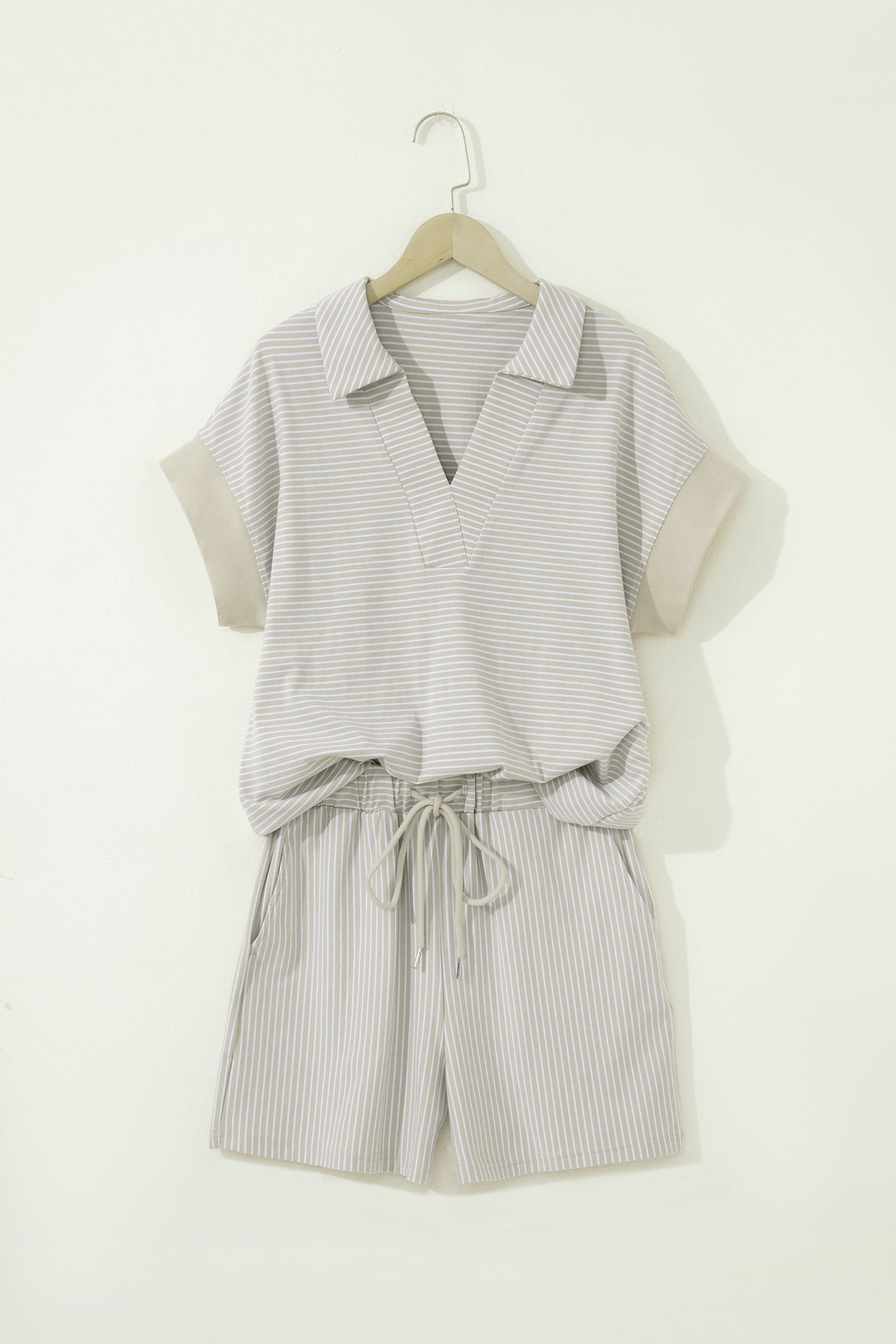 Khaki Stripe Dolman Sleeve Polo Shirt and Drawstring Shorts Set