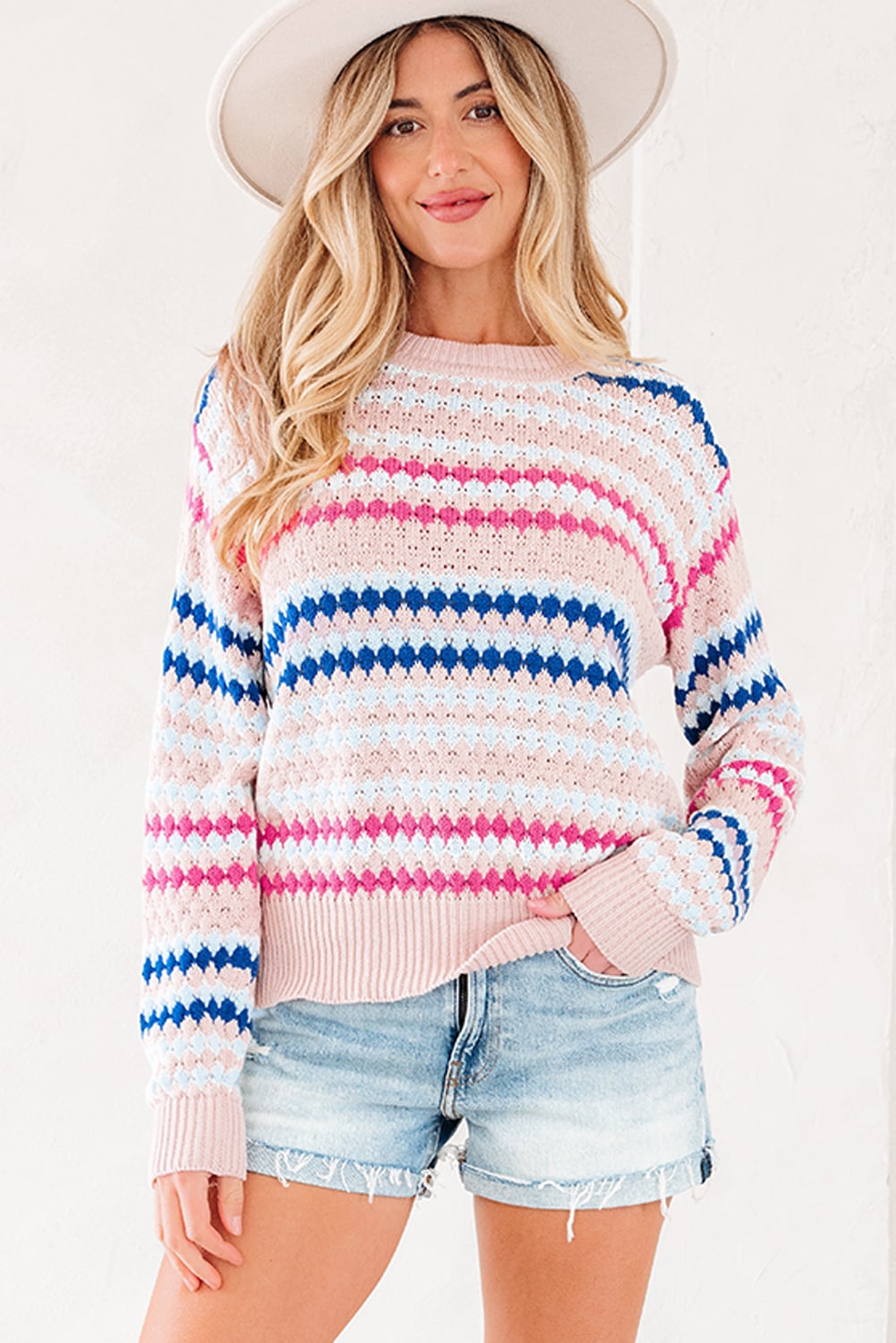 Khaki Stripe Eyelet Patterned Drop Shoulder Sweater