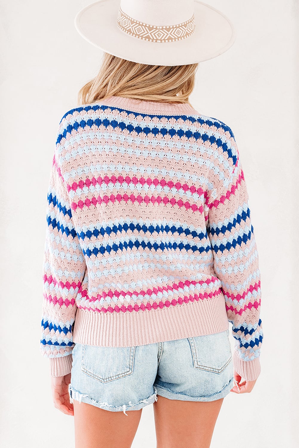 Khaki Stripe Eyelet Patterned Drop Shoulder Sweater