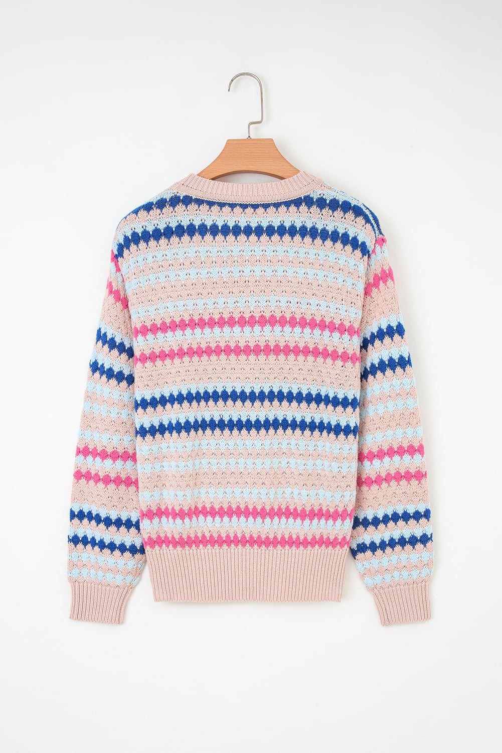 Khaki Stripe Eyelet Patterned Drop Shoulder Sweater