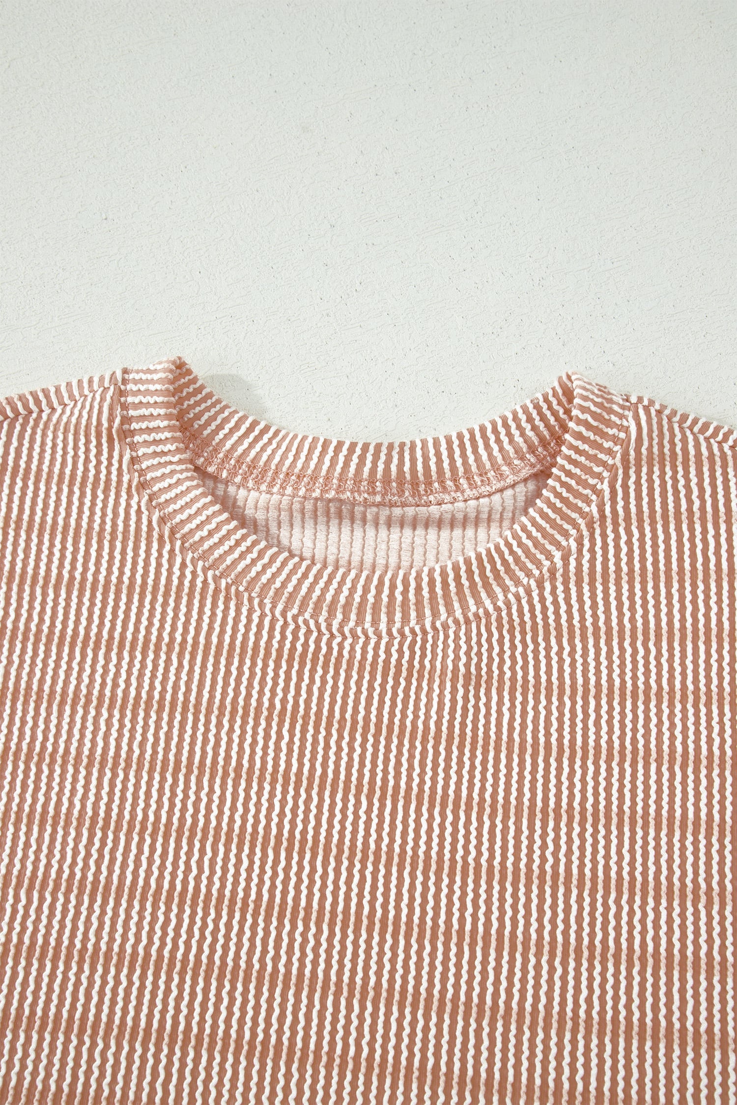 Khaki Stripe Raised Rib Loose Tee Drawstring Elastic Waist 2pcs Short Set