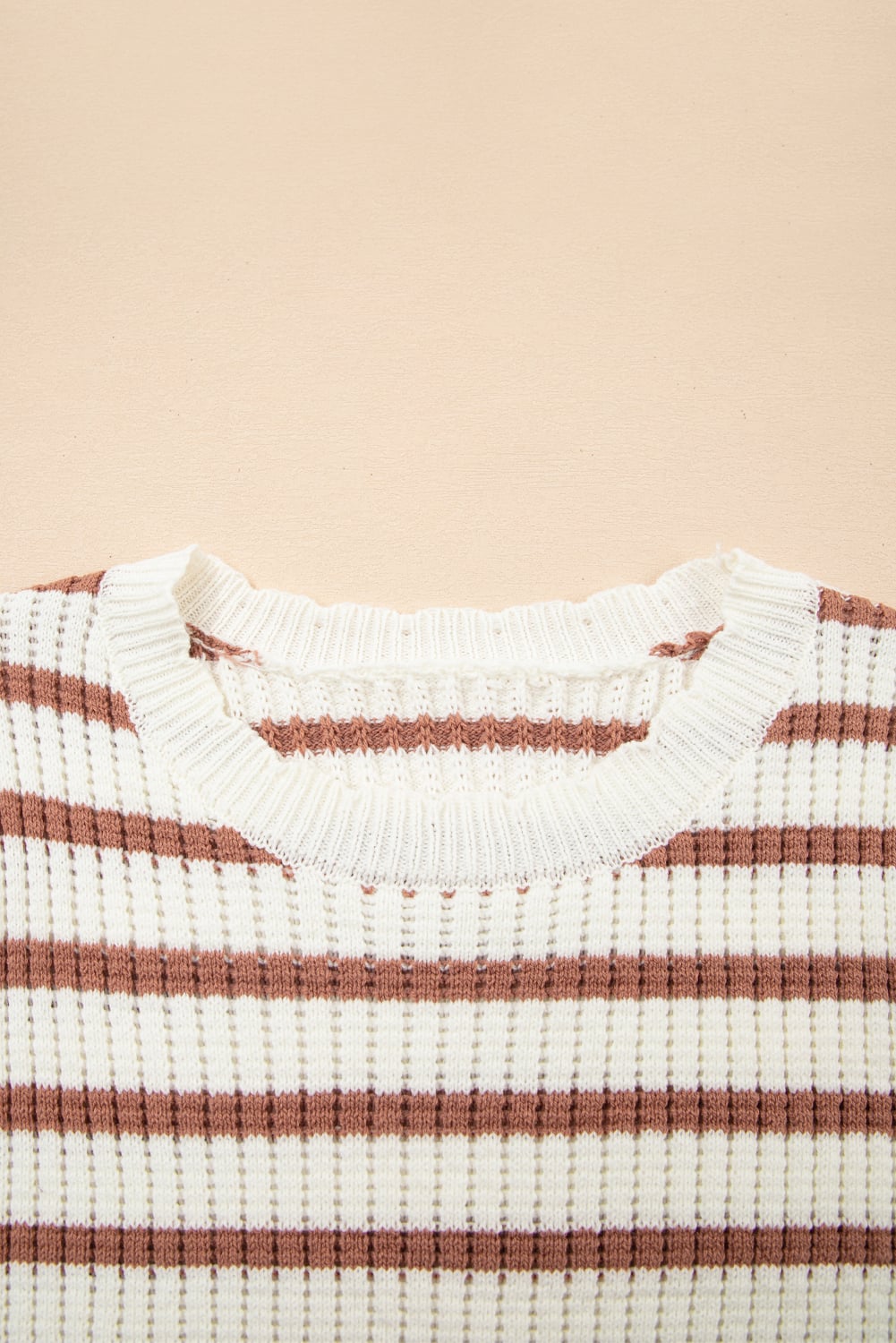 Khaki Stripe Scalloped Round Neck Short Sleeve Sweater