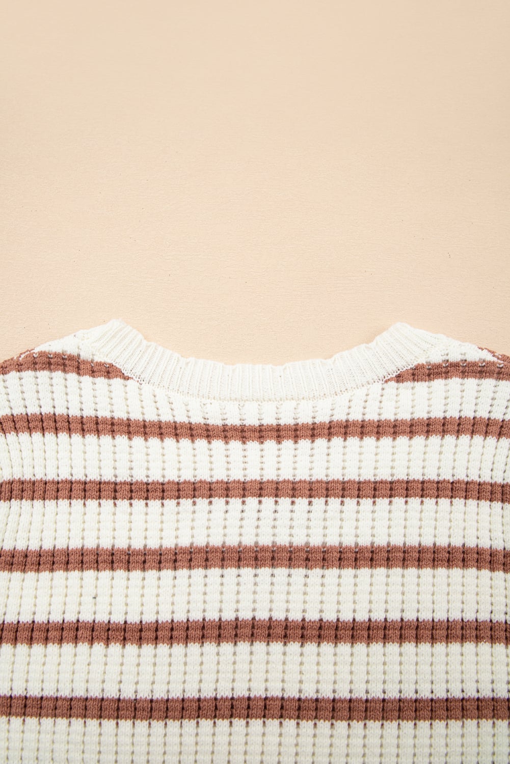 Khaki Stripe Scalloped Round Neck Short Sleeve Sweater