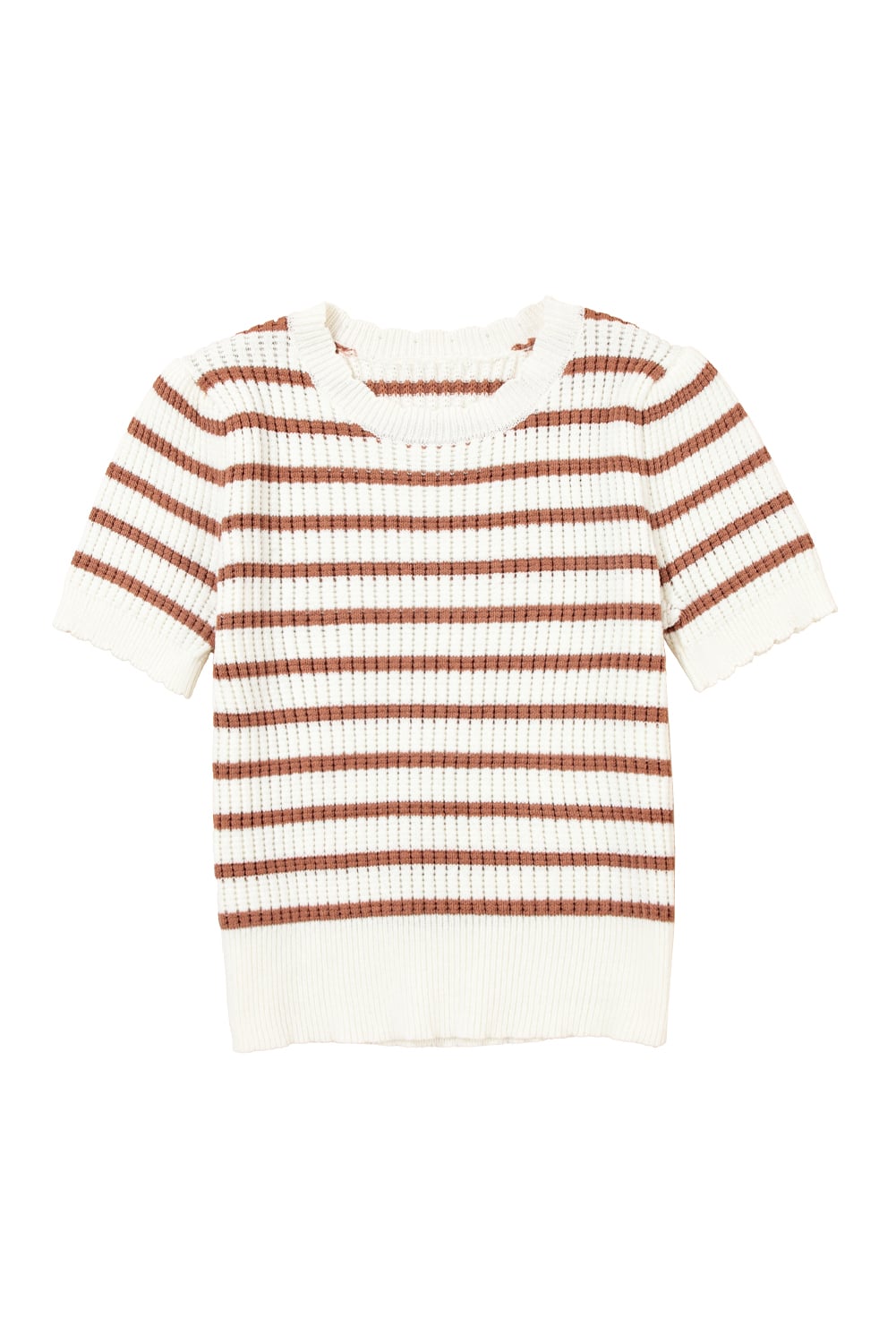 Khaki Stripe Scalloped Round Neck Short Sleeve Sweater