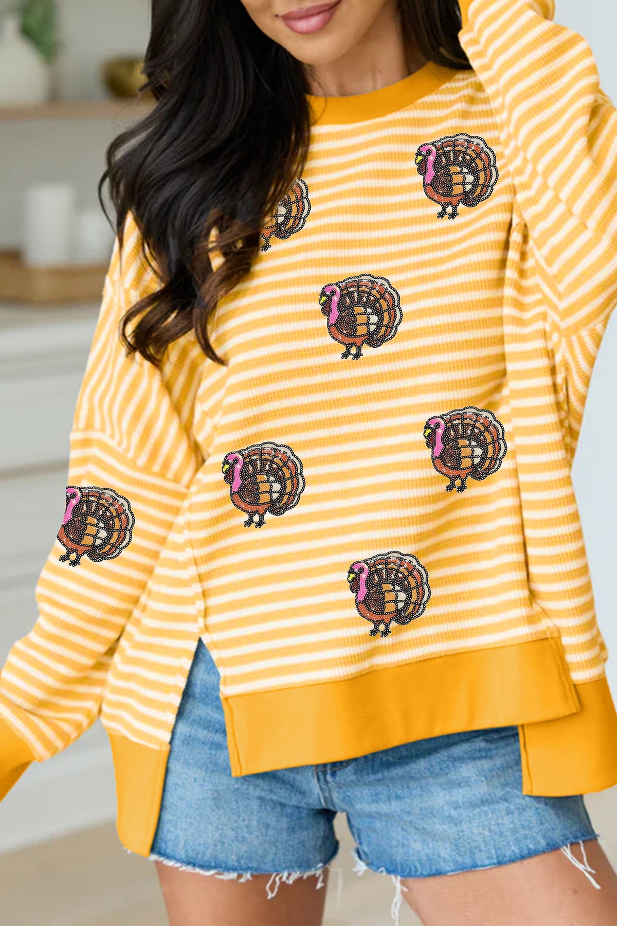 Khaki Stripe Sequin Turkey High Low Hem Casual Pullover Top with Slits