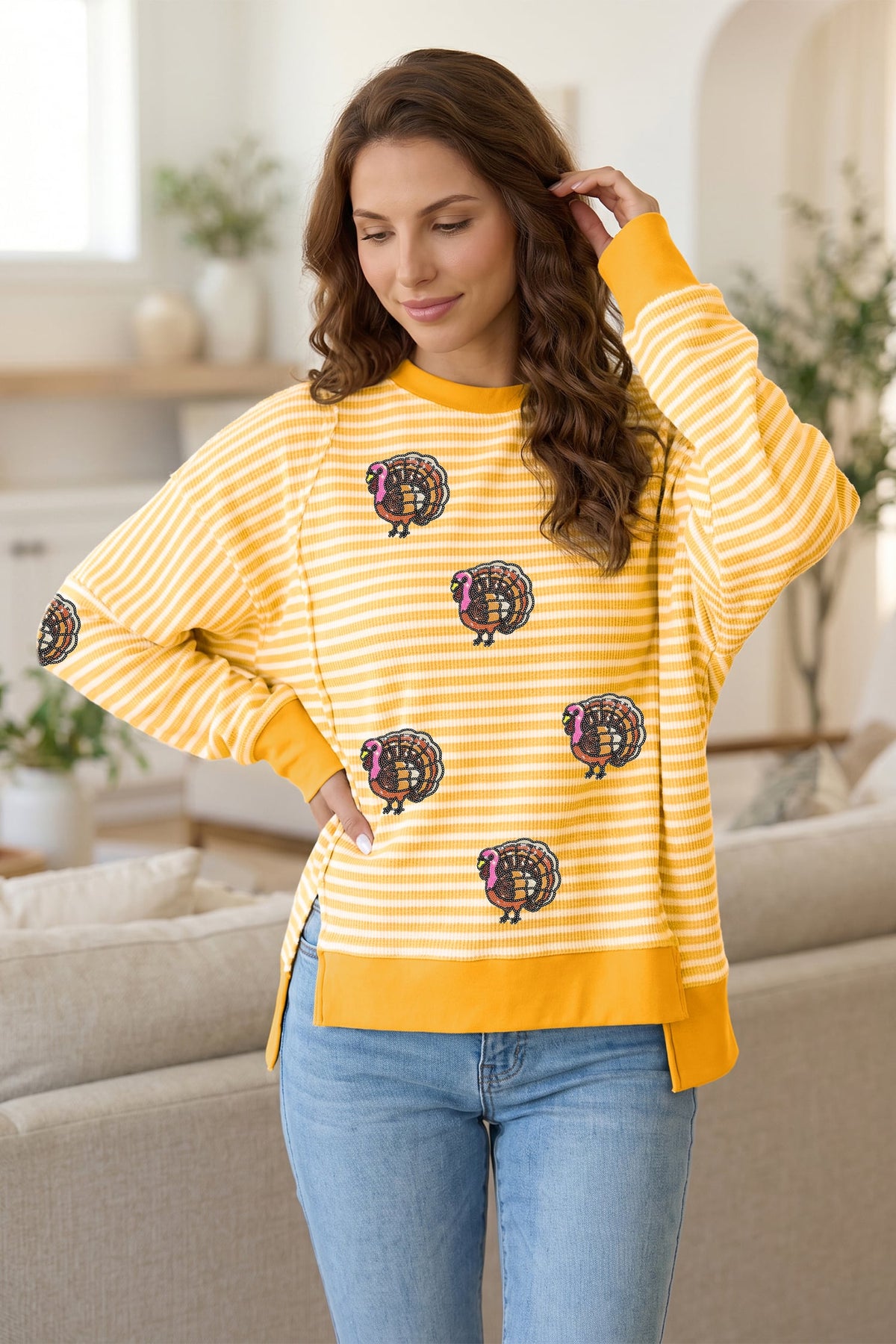 Khaki Stripe Sequin Turkey High Low Hem Casual Pullover Top with Slits
