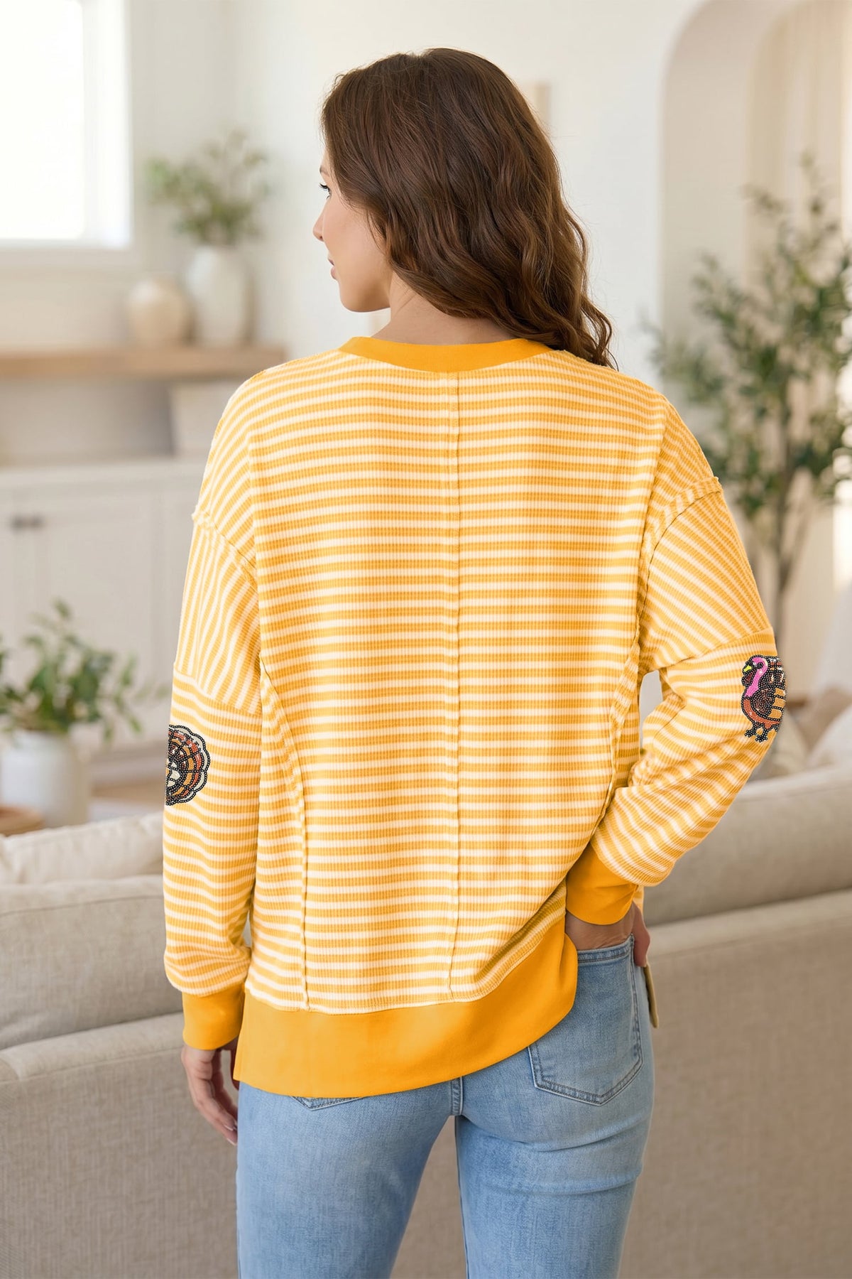Khaki Stripe Sequin Turkey High Low Hem Casual Pullover Top with Slits