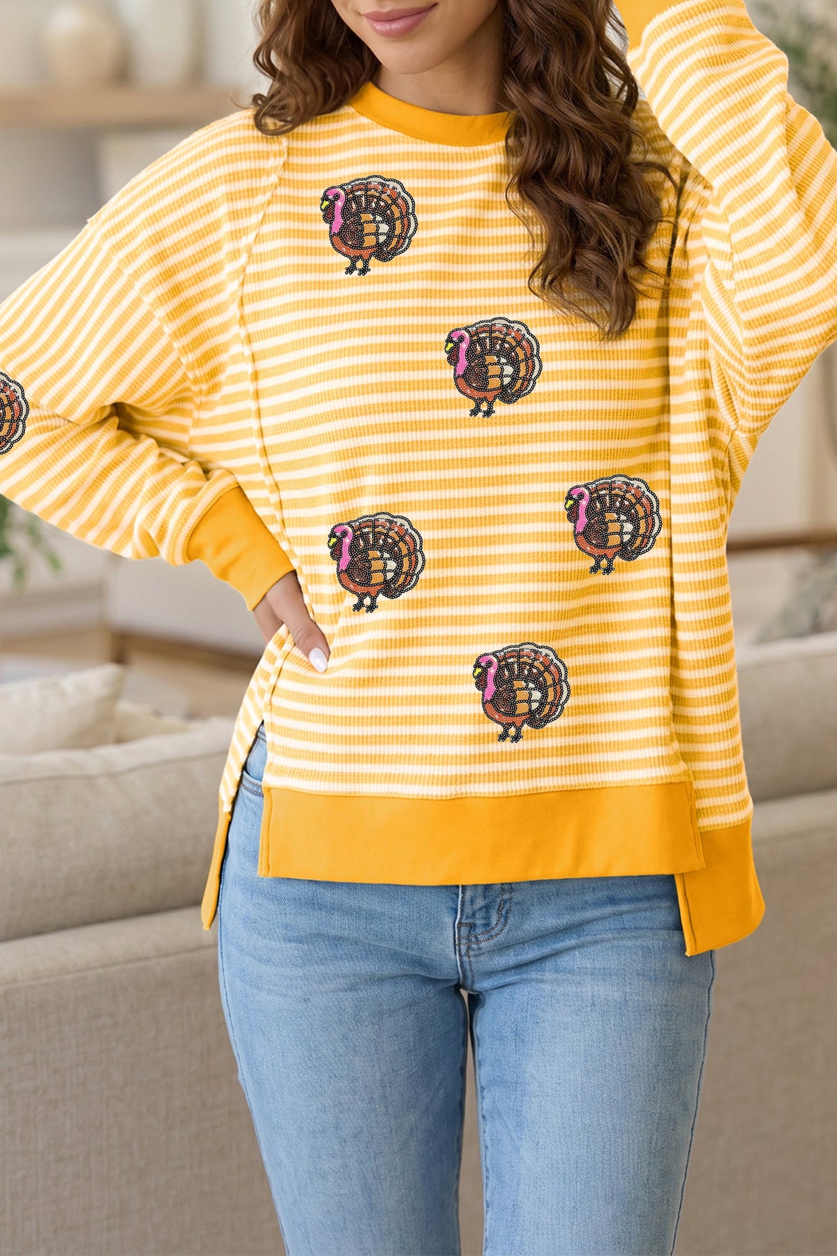 Khaki Stripe Sequin Turkey High Low Hem Casual Pullover Top with Slits