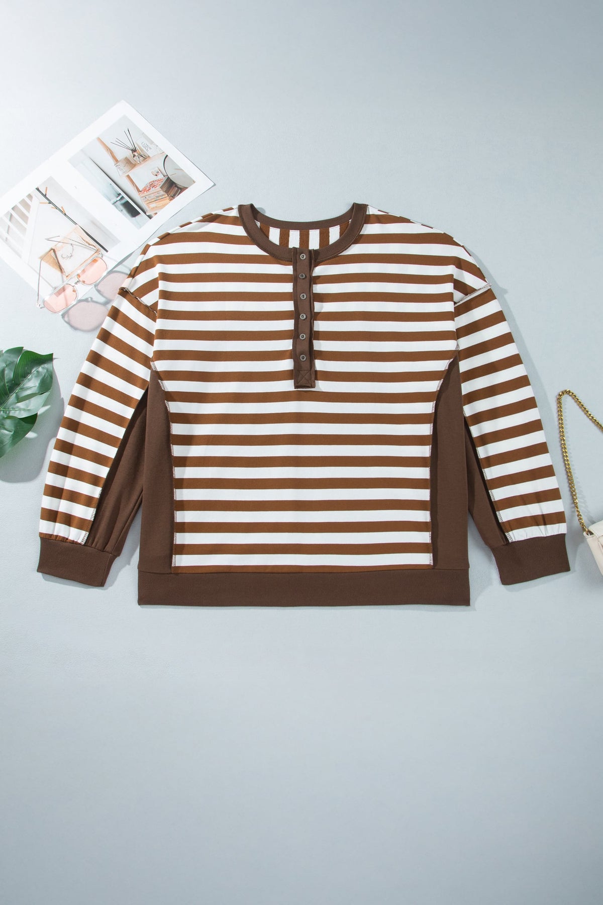Khaki Stripe Striped V-Neck Button Tunic Ribbed Cuffs Long Sleeve Plus Size Sweatshirt