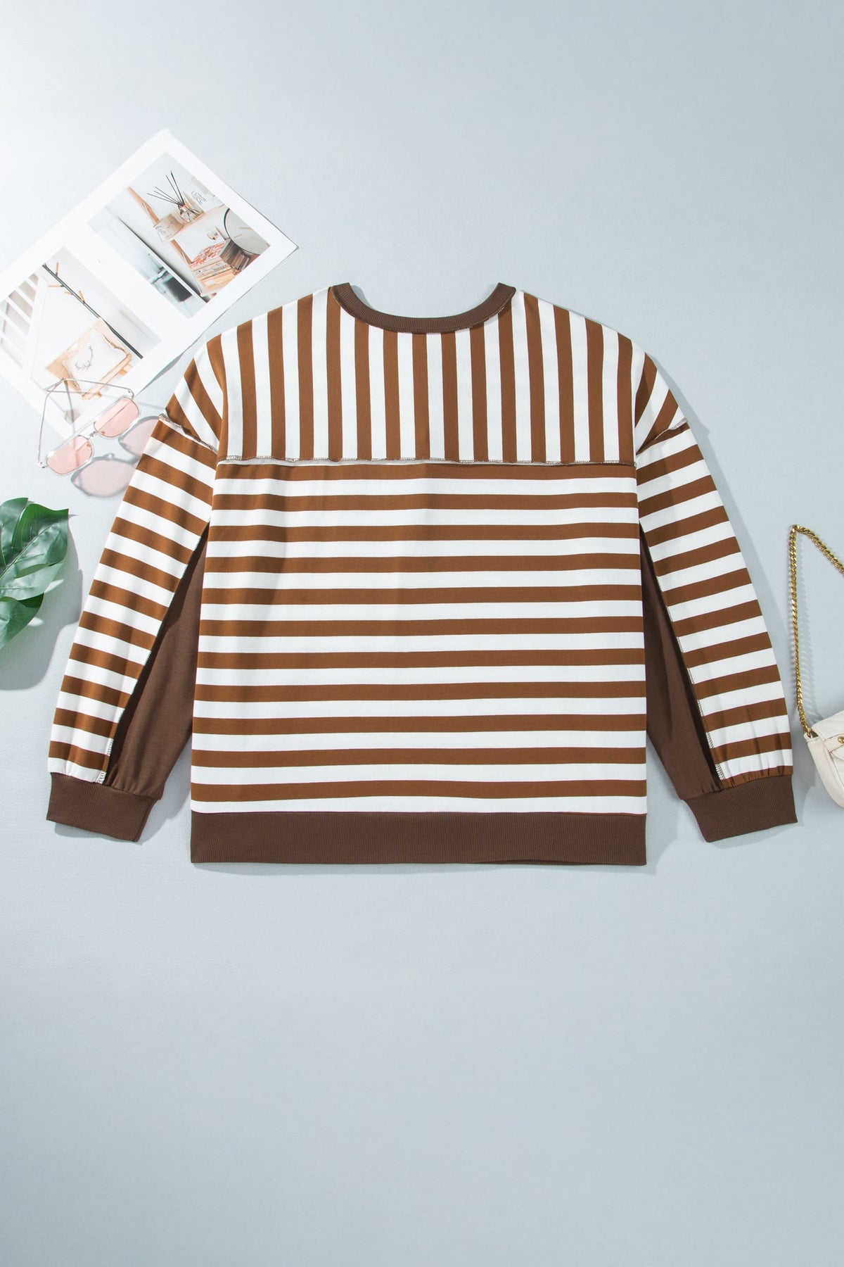 Khaki Stripe Striped V-Neck Button Tunic Ribbed Cuffs Long Sleeve Plus Size Sweatshirt