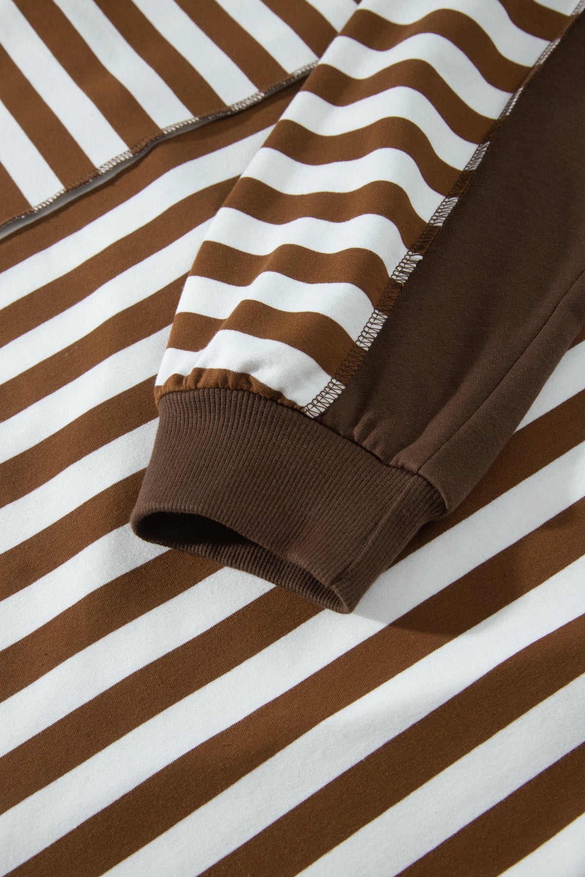 Khaki Stripe Striped V-Neck Button Tunic Ribbed Cuffs Long Sleeve Plus Size Sweatshirt