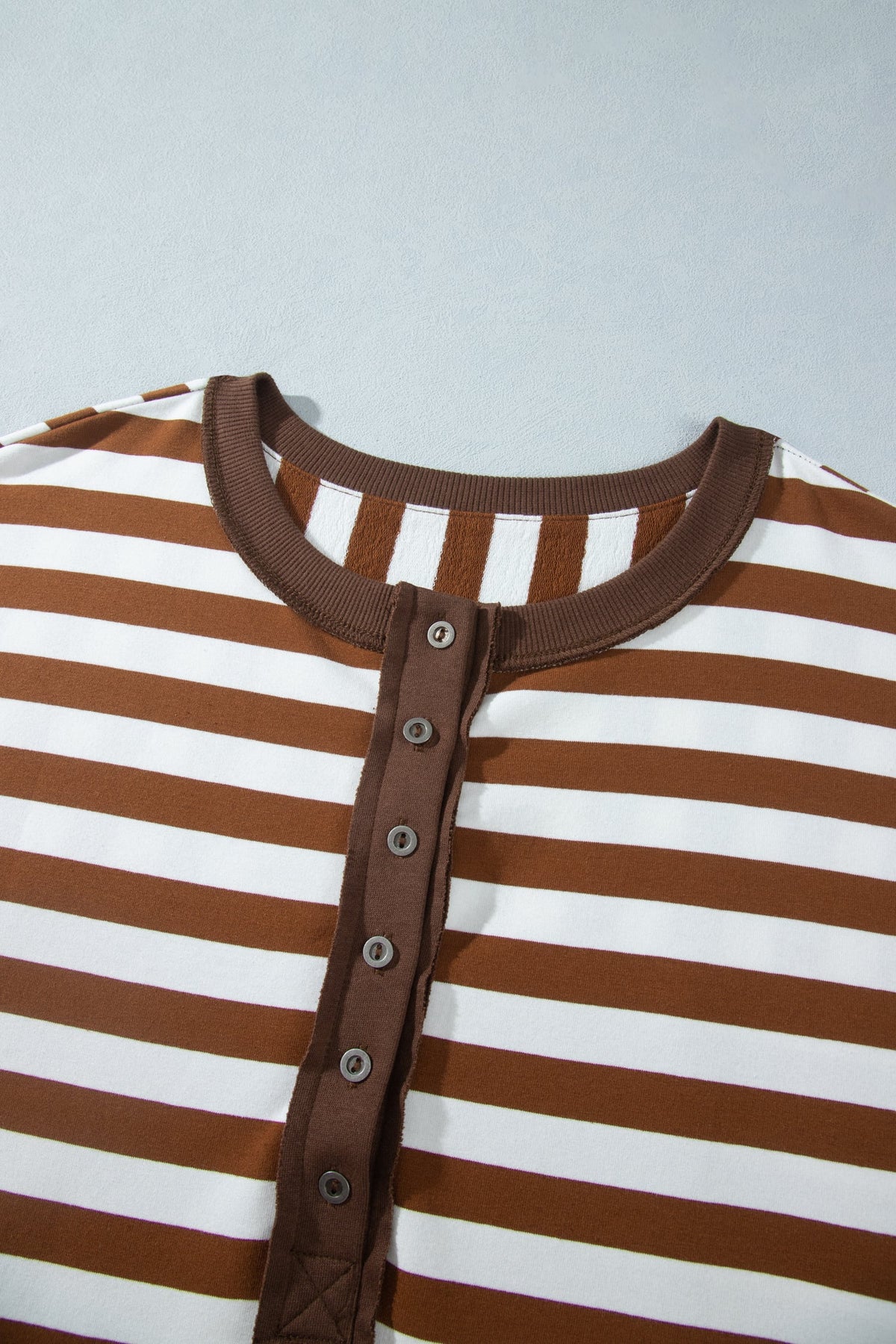 Khaki Stripe Striped V-Neck Button Tunic Ribbed Cuffs Long Sleeve Plus Size Sweatshirt