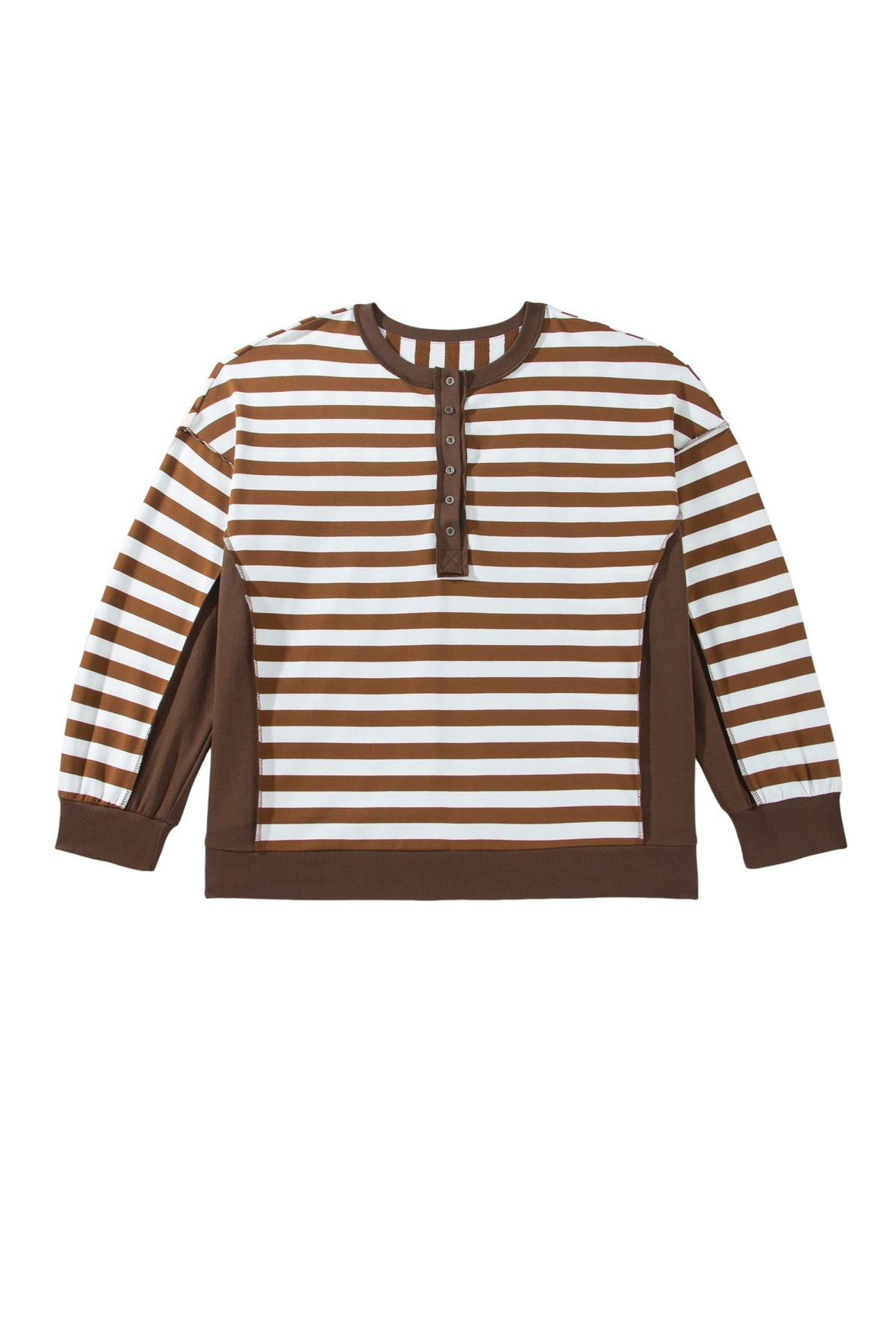 Khaki Stripe Striped V-Neck Button Tunic Ribbed Cuffs Long Sleeve Plus Size Sweatshirt