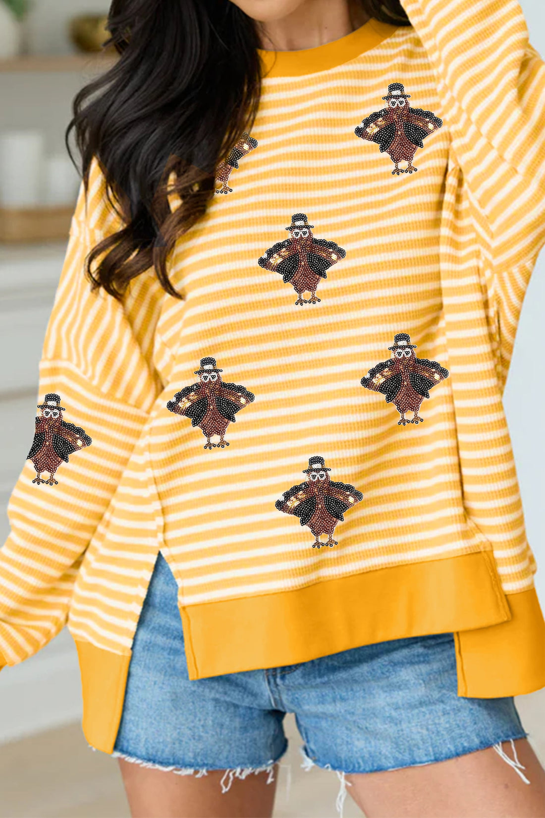 Khaki Stripe Thanksgiving Sequin Turkey Uneven Hem Pullover Top with Slits