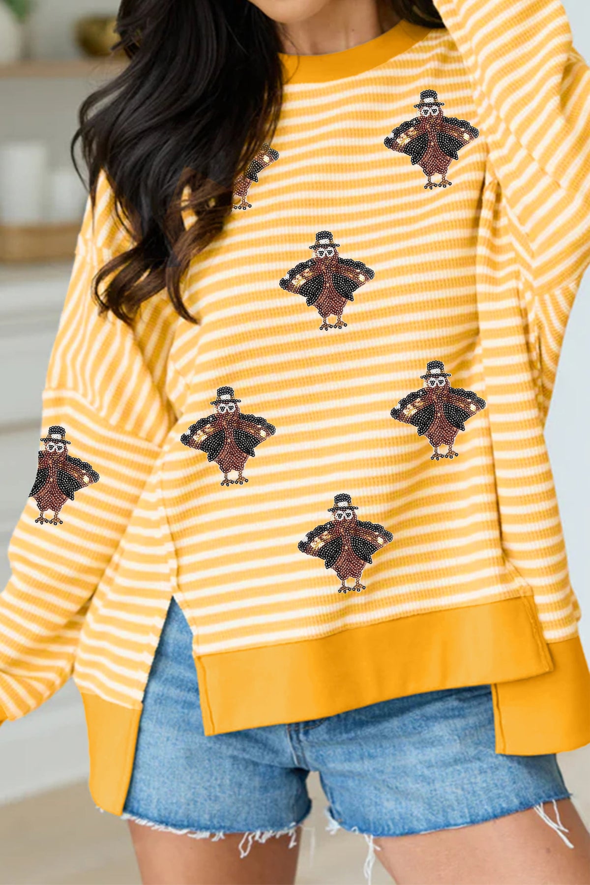 Khaki Stripe Thanksgiving Sequin Turkey Uneven Hem Pullover Top with Slits